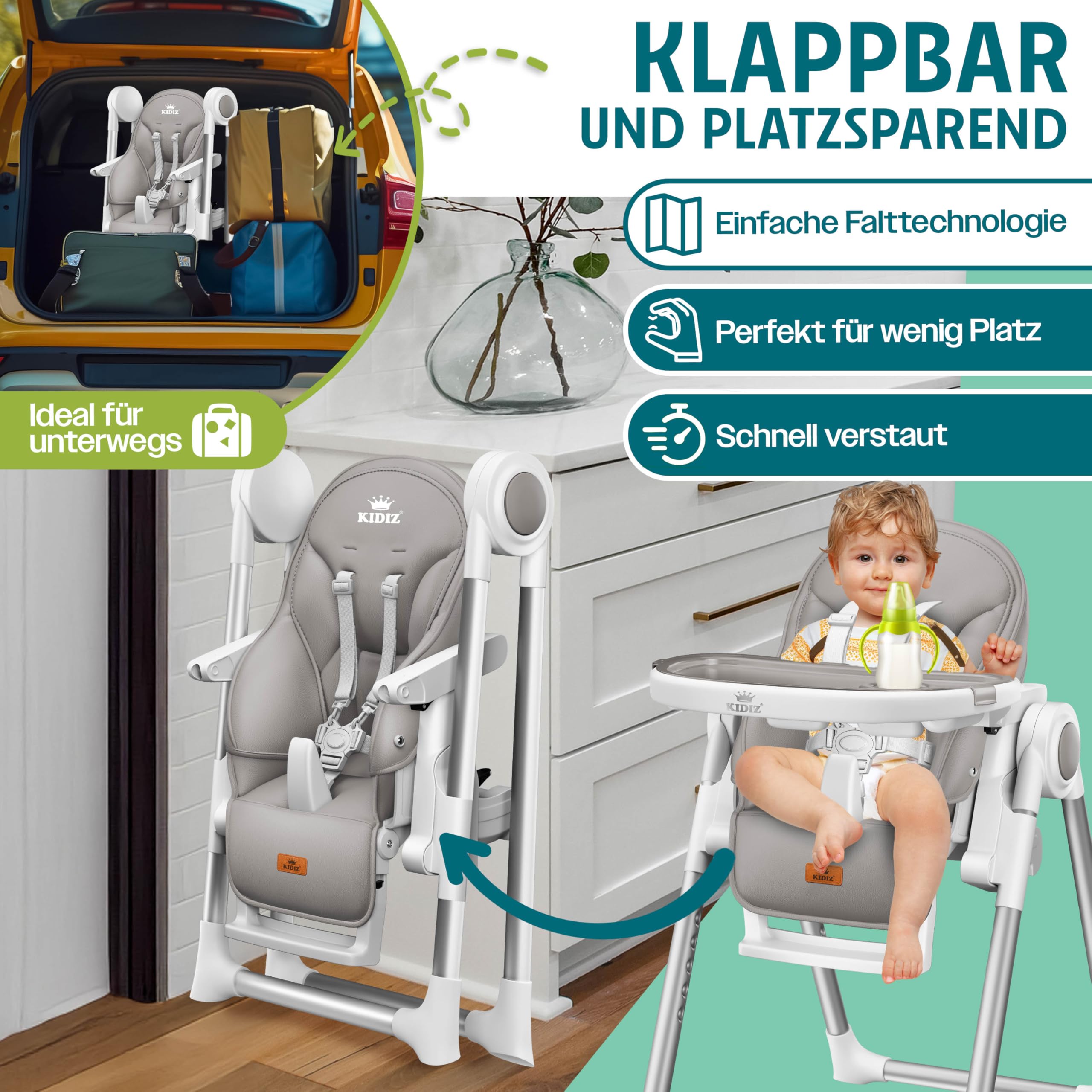 KIDIZ® 3in1 Hochstuhl Kinderhochstuhl mit Spielbügel, Babyliege, höhenverstellbar, bis 36 Monate, Grau