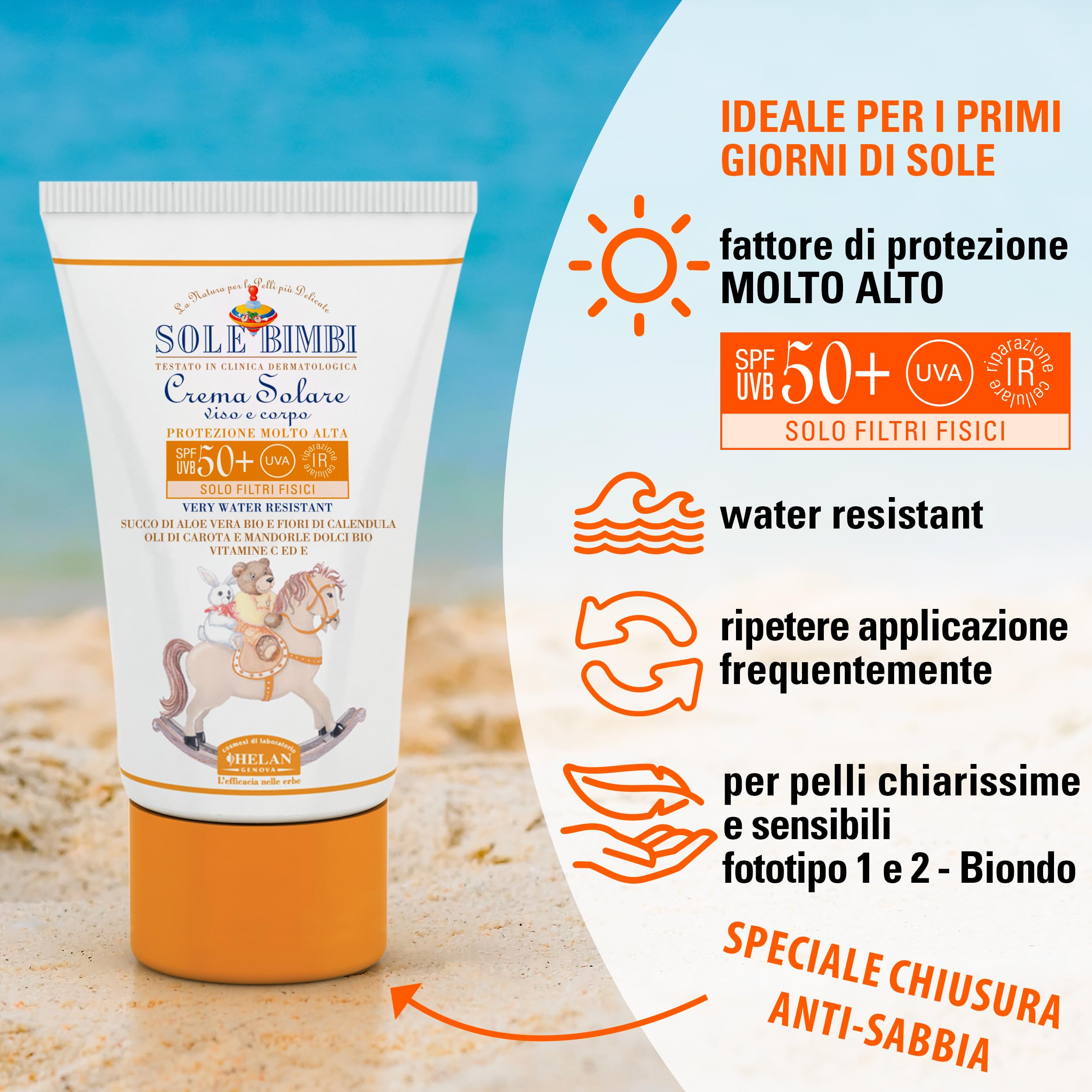 Helan, Sole Bimbi - Crema Solare 50+ Bambini e Neonati, Protezione Solare 50+ SPF Molto Alta contro Raggi UVB/UVA, Crema Solare Viso e Corpo con Olio di Mandorle Dolci, Vitamina E e Aloe Vera, 50 ml