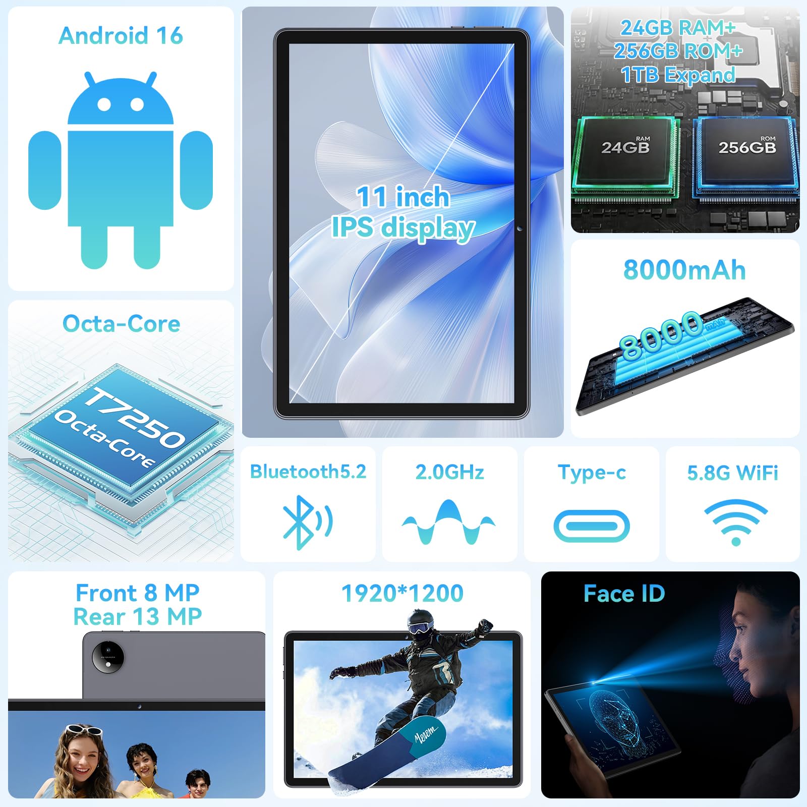 11 Zoll Tablet Android 16, Octa-Core, 24 GB RAM + 256 GB ROM | 1TB Erweiterbar, 1920x1200 FHD IPS-Display, GPS, Widevine L1, 8000 mAh, 8 MP + 16 MP, 5,8G + 2,4G WiFi, BT 5.2, Grau