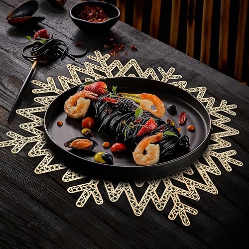 Miniatura 4 de Juego de 12 manteles individuales de copo de nieve, manteles individuales dorados resistentes al calor para Navidad, Acción de Gracias, deshierbe y