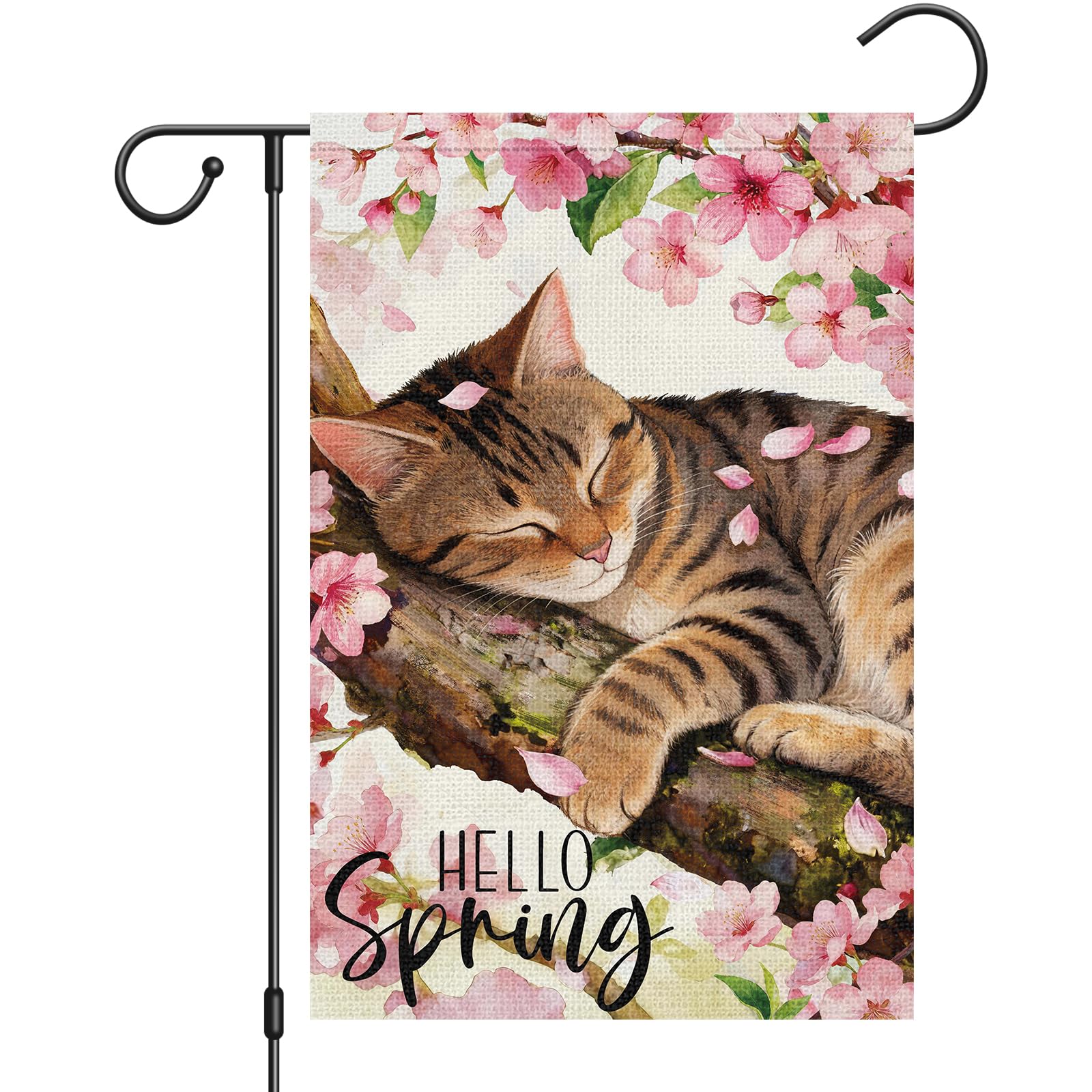 Heyfibro Hello Spring Tabby Cat Garden Flag 12x18 Double Sided Burlap, Watercolor Cherry Blossom Flower Yard Banner for Rustic Seasonal Summer Outdoor Decoration (ONLY FLAG)