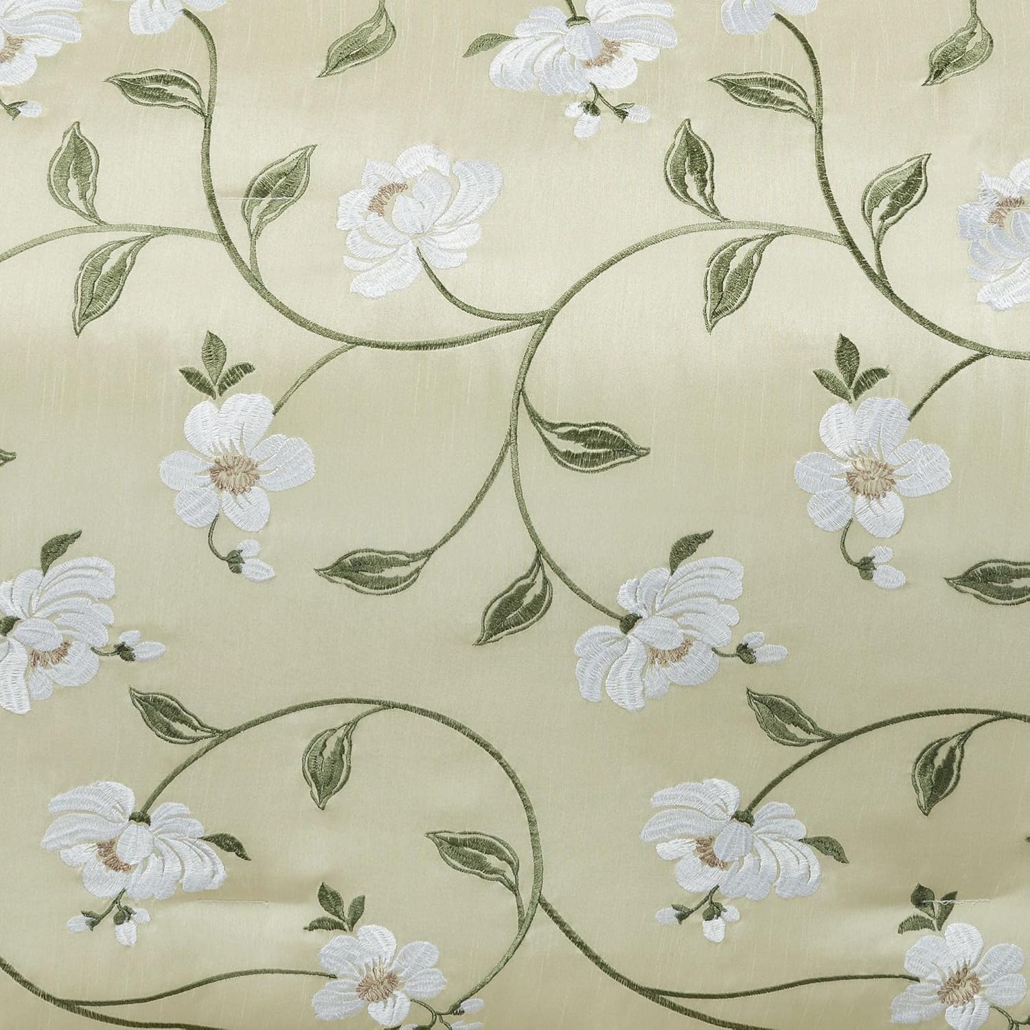 J. Queen New York Luxurious Garden Walk Bedding | Sophisticated Polyester Faux Silk Quilted Magnolia Flower Embroidery | Vanilla Cream Sage | 3 Piece Set: King Oversized Bedspread and 2 King Shams