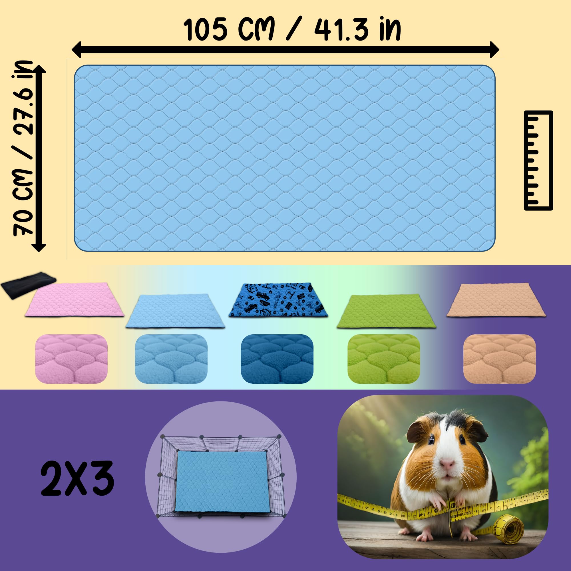 Tapis Litière Polaire pour Cochon d'Inde et Lapin - Absorbant et Imperméable - Lavable - Cage et Enclos - 105 x 70 cm - Bleu