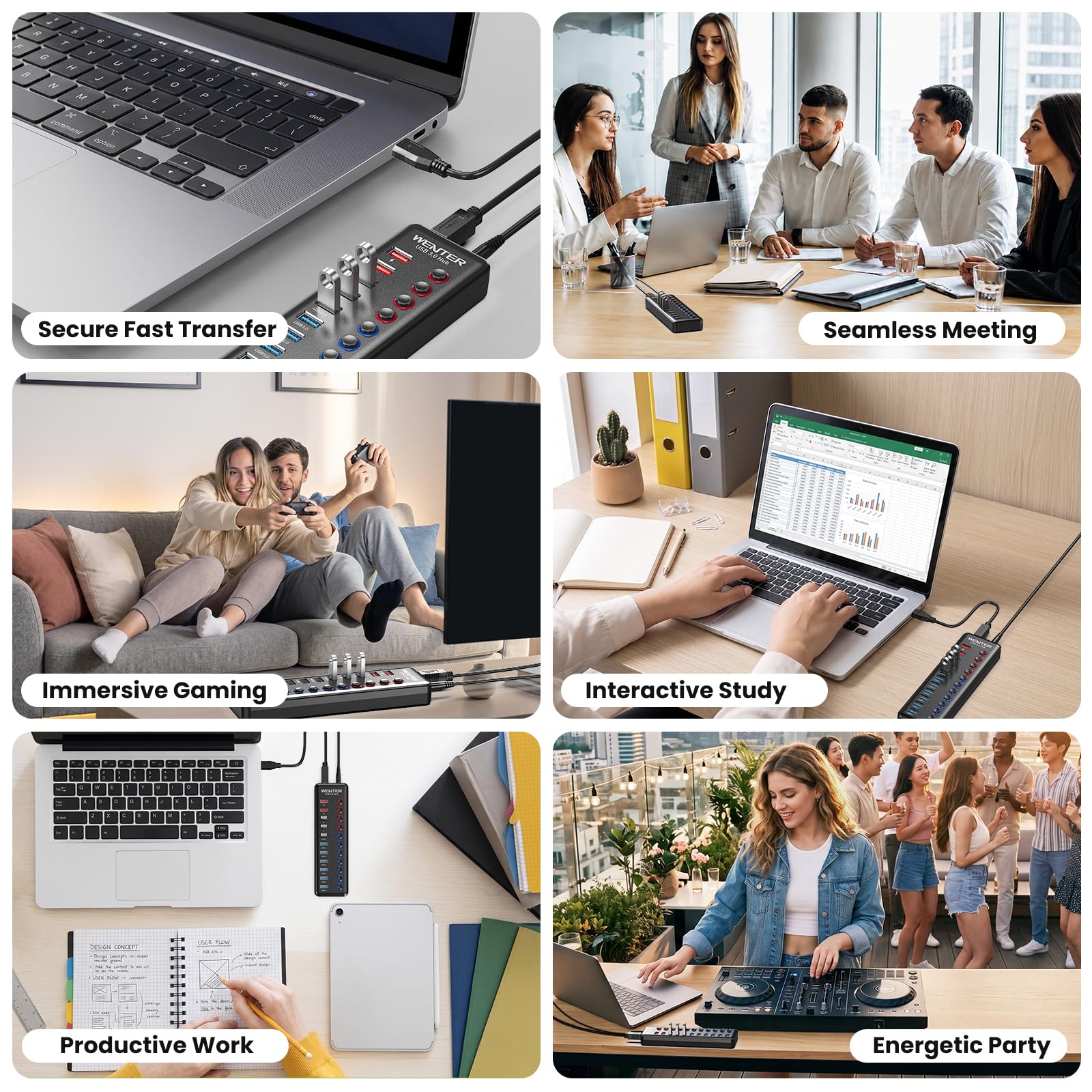 Hub USB 3.0 avec alimentation, répartiteur de hub USB 48W à 11 ports (7 ports de transfert de données plus rapides + 4 ports de charge de contrôle de qualité) avec interrupteurs LED