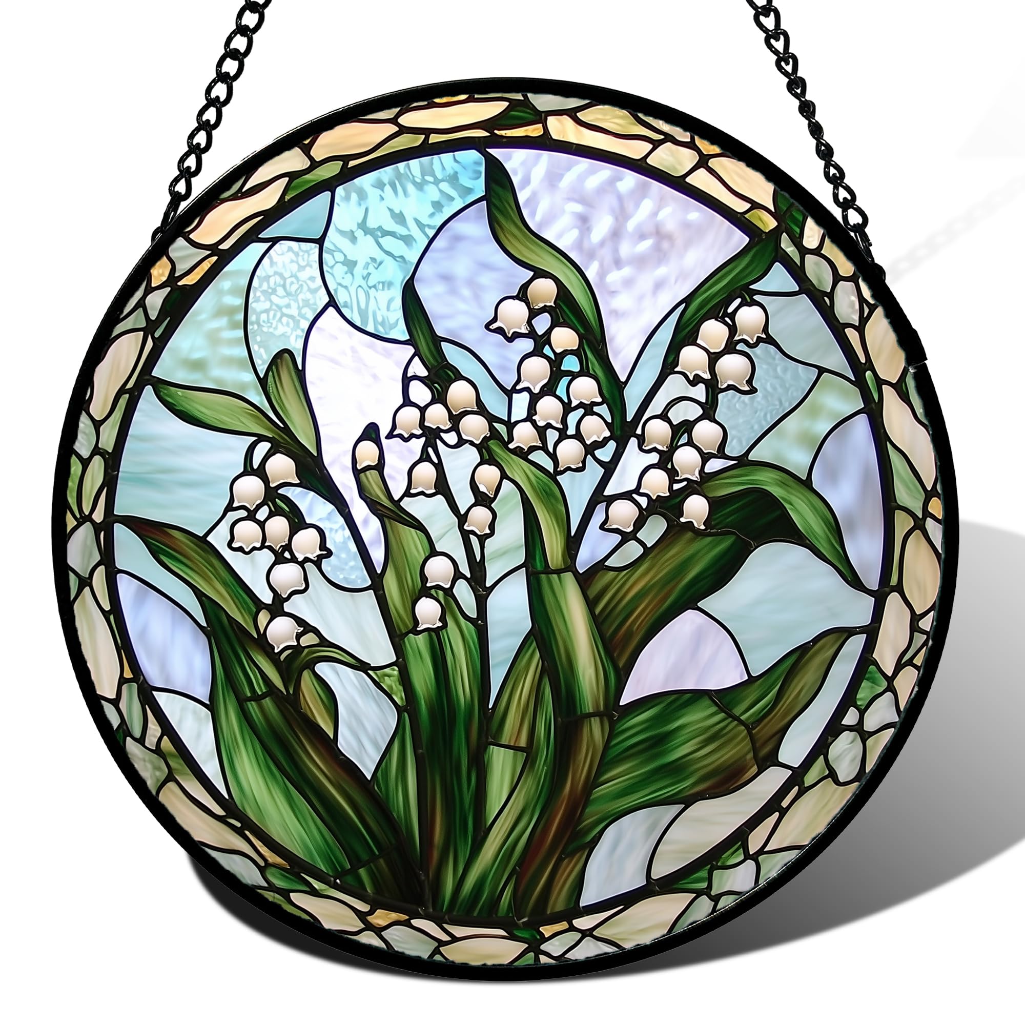 Stained Glass Window Hanging White Green Lily of the Walley Flowers Sun Catcher for Door Home Decor Plants