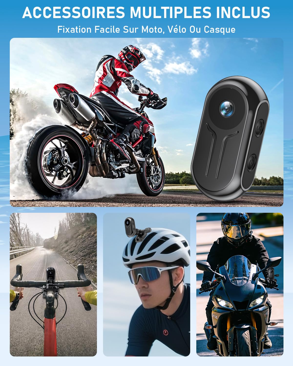 Caméra Sport WiFi 2K Ultra HD, Mini Camera d'action avec Enregistrement Action Cam Grand Angle 120°, Caméra POV avec Écran Mains Libres pour Dashcam Moto, Camera Vlog