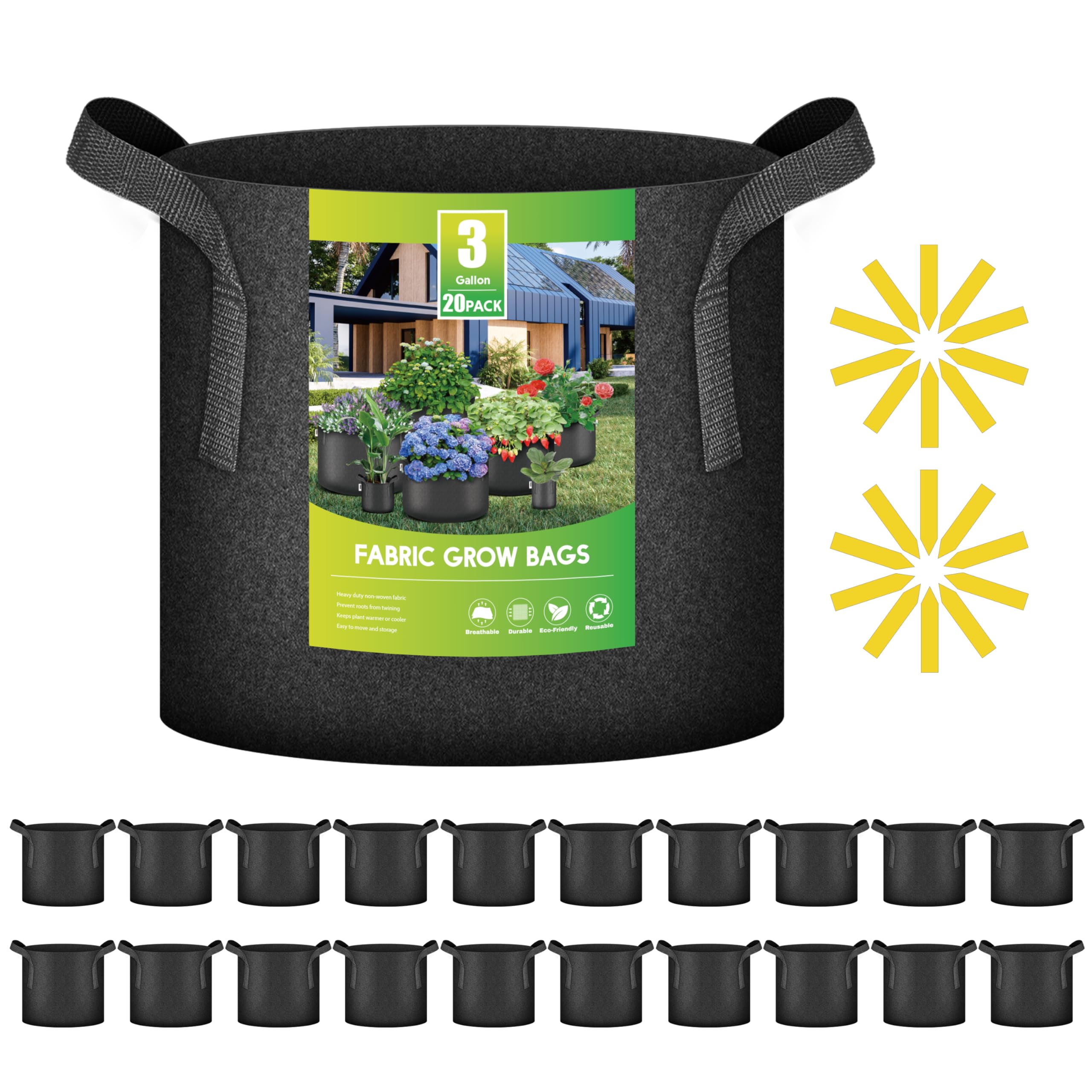 iPower Confezione da 20 sacchetti per la coltivazione di pomodori, frutta, verdura e fiori da 3 galloni, in tessuto non tessuto, con manico rinforzato, resistenti e aerazione, per pomodori, frutta,