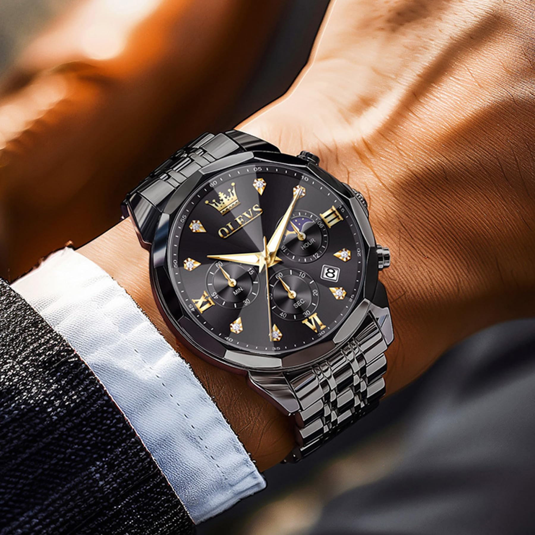 OLEVS Orologio da uomo, cronografo multifunzione con 4 contatori, lancette luminose, data, impermeabile fino a 3 ATM, cinturino in acciaio inossidabile, orologio da uomo al quarzo da uomo, H3670