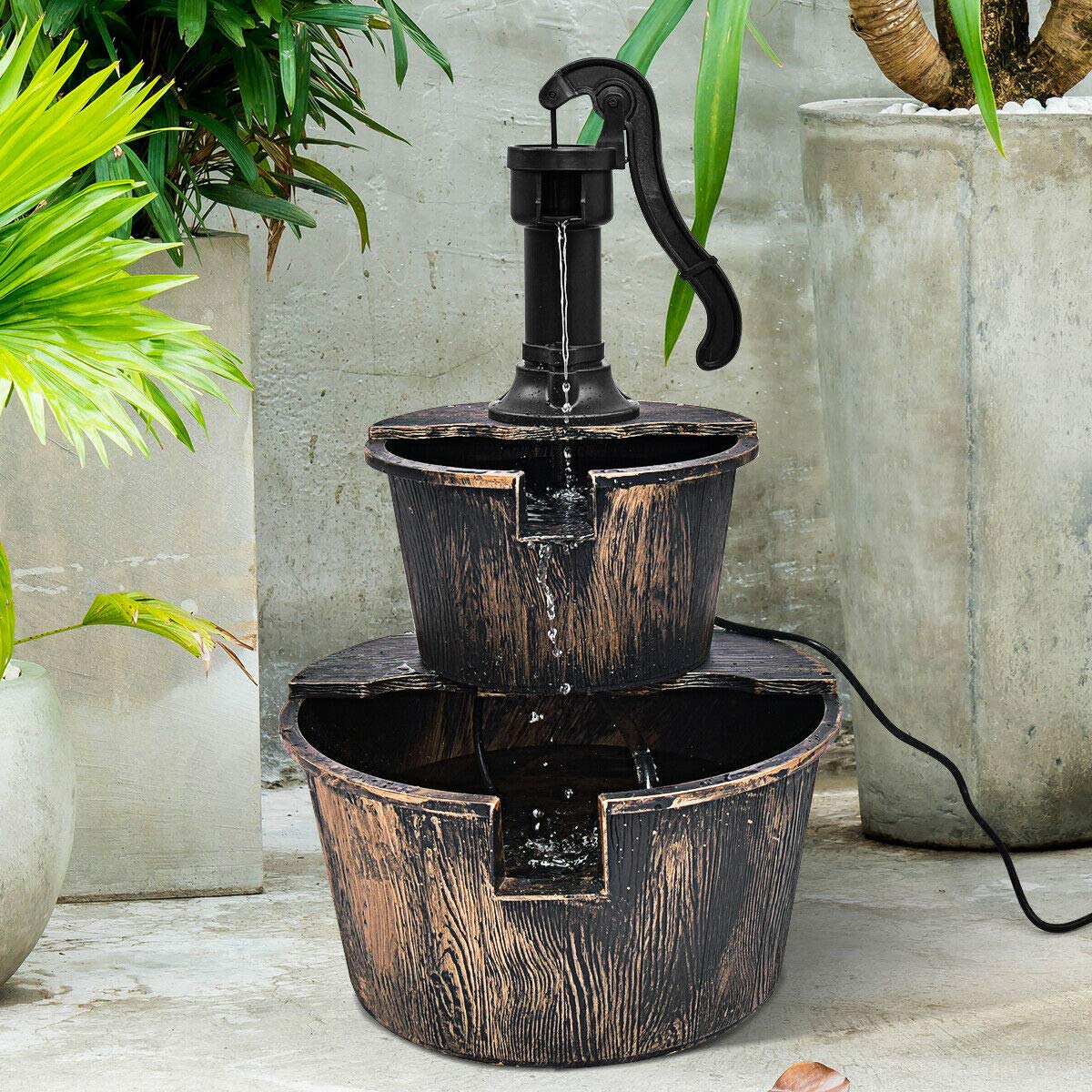 DORTALA 2 Tier Barrel Waterfall Fountain Barrel Water Fountain PumpGarden