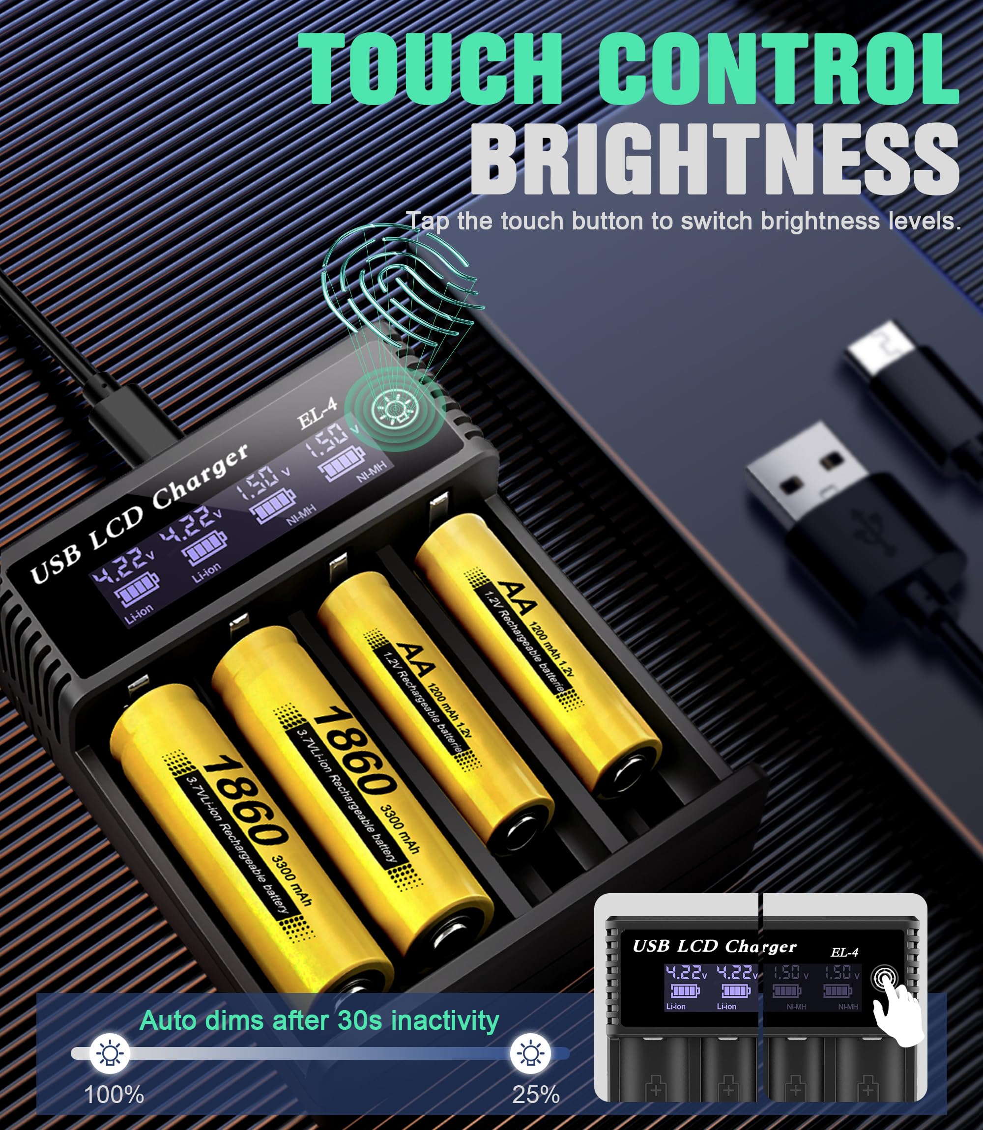 Ermorgen Cargador de Baterías 18650, Cargador Universal 4 Puertos para Baterías Ni-MH/Ni-CD 1.2V AA/AAA/C/SC/F6 y Li-ION 3.7V 18650, 18350, 18500, 18700, 20700, 21700 y 26650 LCD - 4