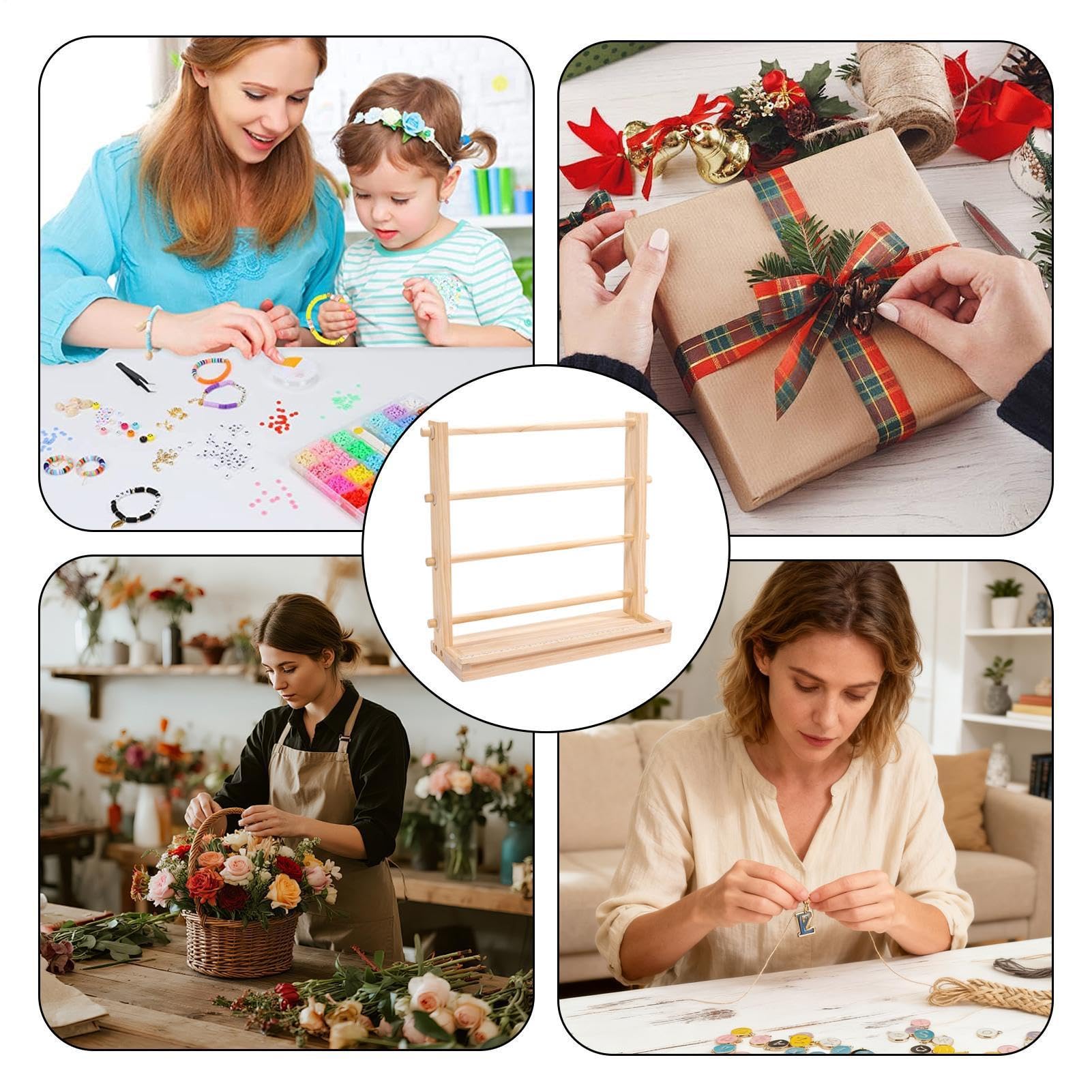 Organizer na Wielofunkcyjny Drewniany Z Miarką | Organizer Na Szpulki Do rolek tiulu, wianków, taśmy washi, szydełkowania, szycia, patchworku, domowego studia