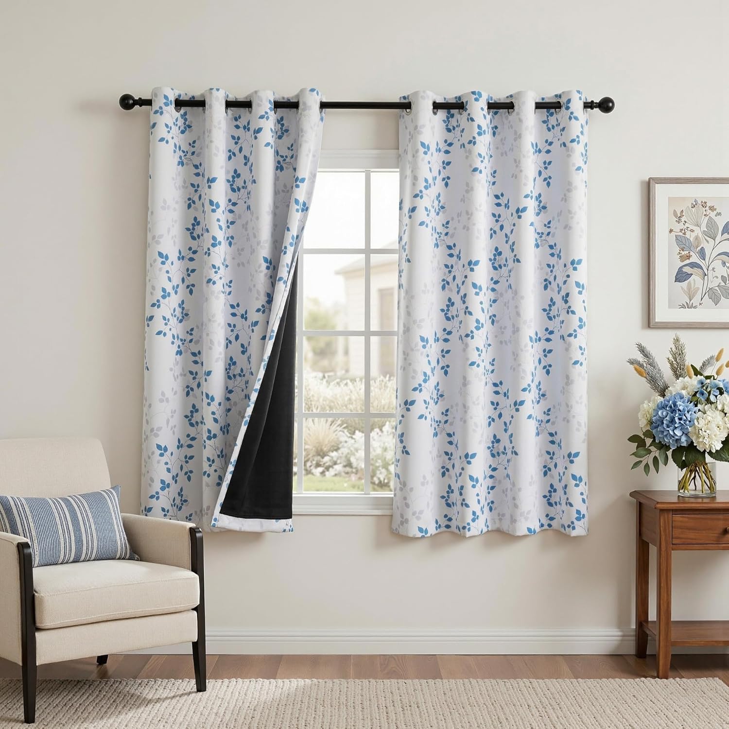 MEETSKY Blue 95% Blackout Curtains 63 Inches Long for Bedroom - Leaf Patterned Room Darkening Curtain for Kids Room, Thermal Insulated Drapes for Living Room, Grommet Top 2 Panels (52" W x 63" L)