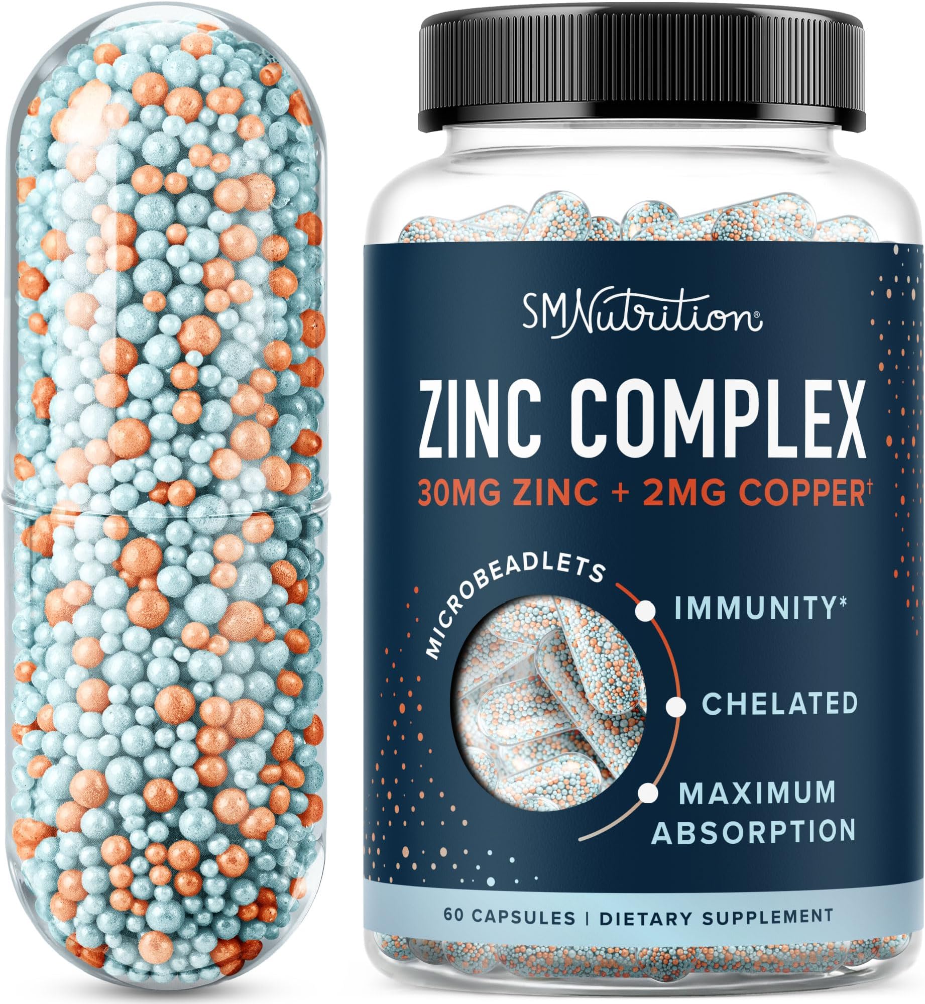 Zinc Supplement Microbeadlets for Immune & Acne Support | Highly Absorbable Zinc Bisglycinate & Orotate with 2mg Chelated Copper + Vitamin B6 | Vegan, Gluten-Free | 30mg Zinc Balance | 60 Capsules