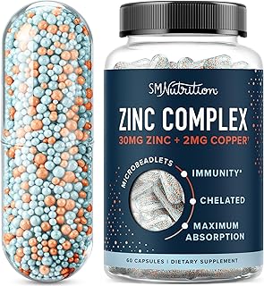 Zinc Supplement Microbeadlets with Copper for Immune Support | Highly Absorbable Zinc Bisglycinate & Orotate with 2mg Chelated Copper + Vitamin B6 | Vegan, Gluten-Free | 60 Capsules (2 Month Supply)