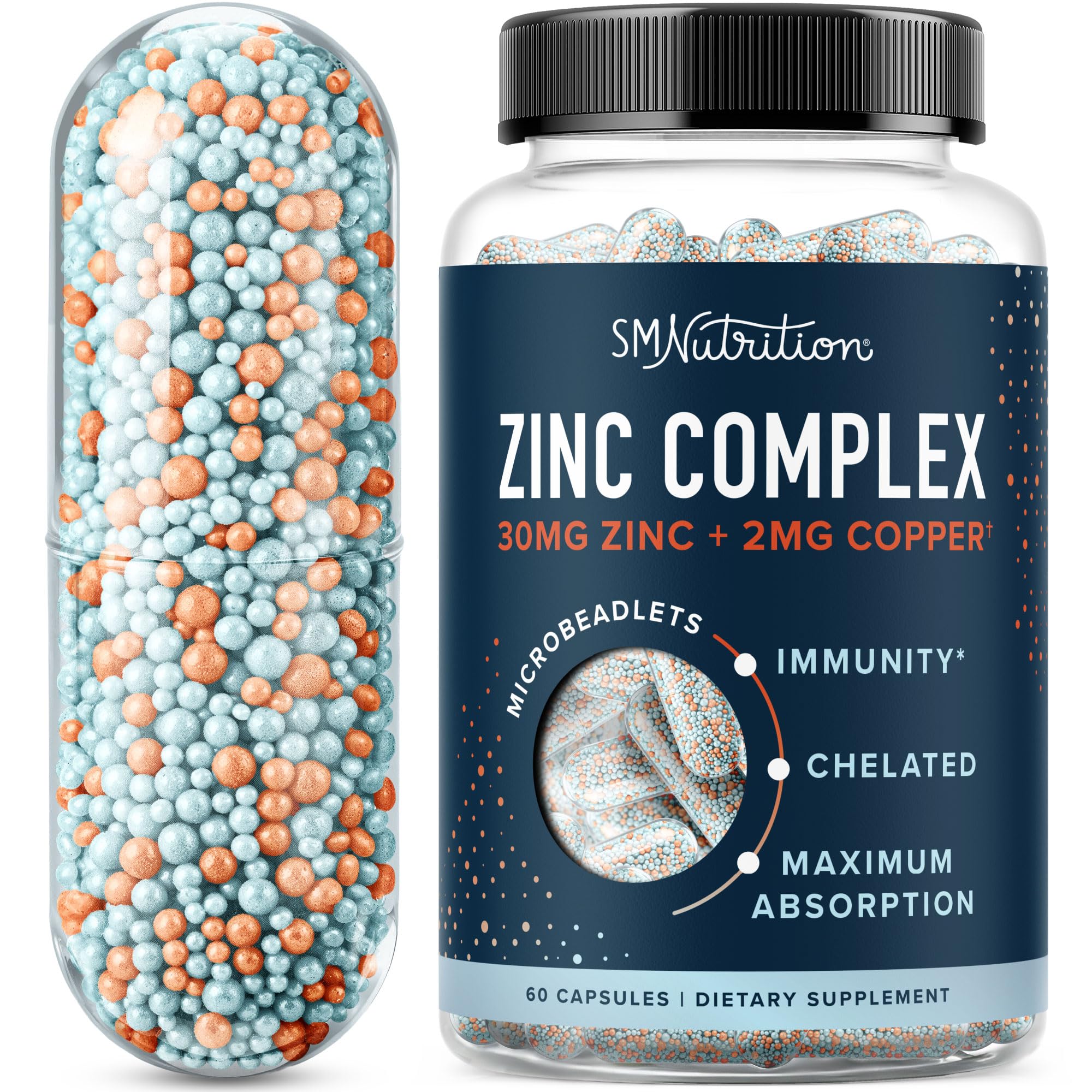 Zinc Supplement Microbeadlets for Immune & Acne Support | Highly Absorbable Zinc Bisglycinate & Orotate with 2mg Chelated Copper + Vitamin B6 | Vegan, Gluten-Free | 30mg Zinc Balance | 60 Capsules