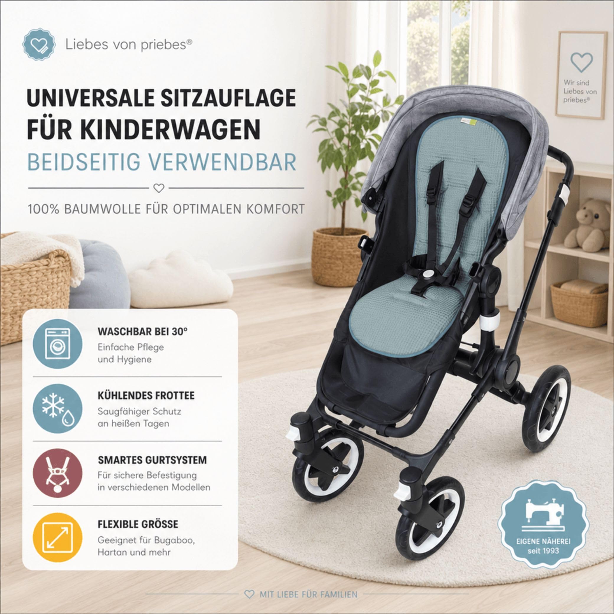MEIKE 2in1 Sitzauflage Universale Sitzeinlage für Kinderwagen und Buggy 100% Baumwolle waschbar atmungsaktiv