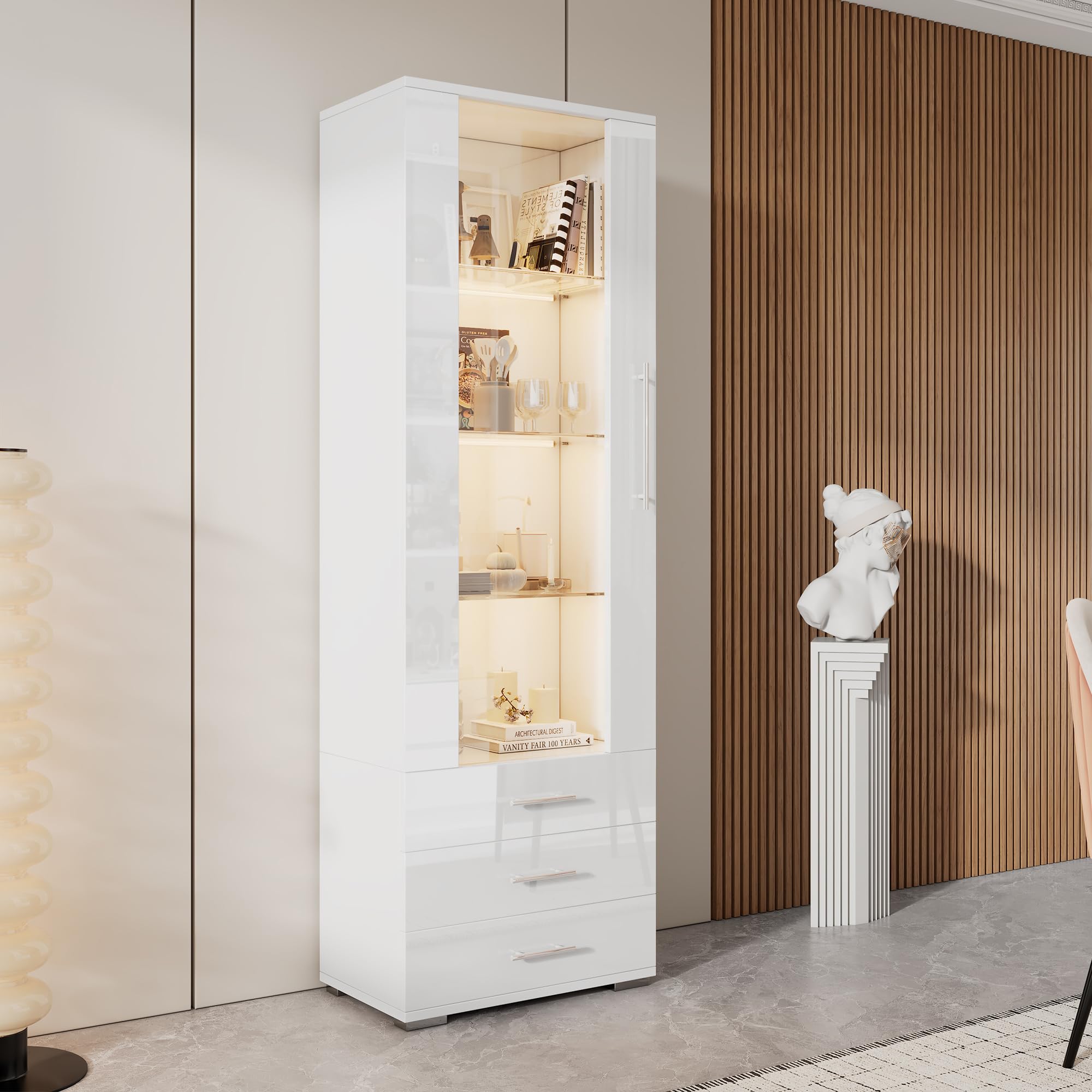 Vetrina in vetro bianco lucido, vetrina con illuminazione a LED, vetrina verticale con 3 cassetti, 60 x 35 x 180 cm