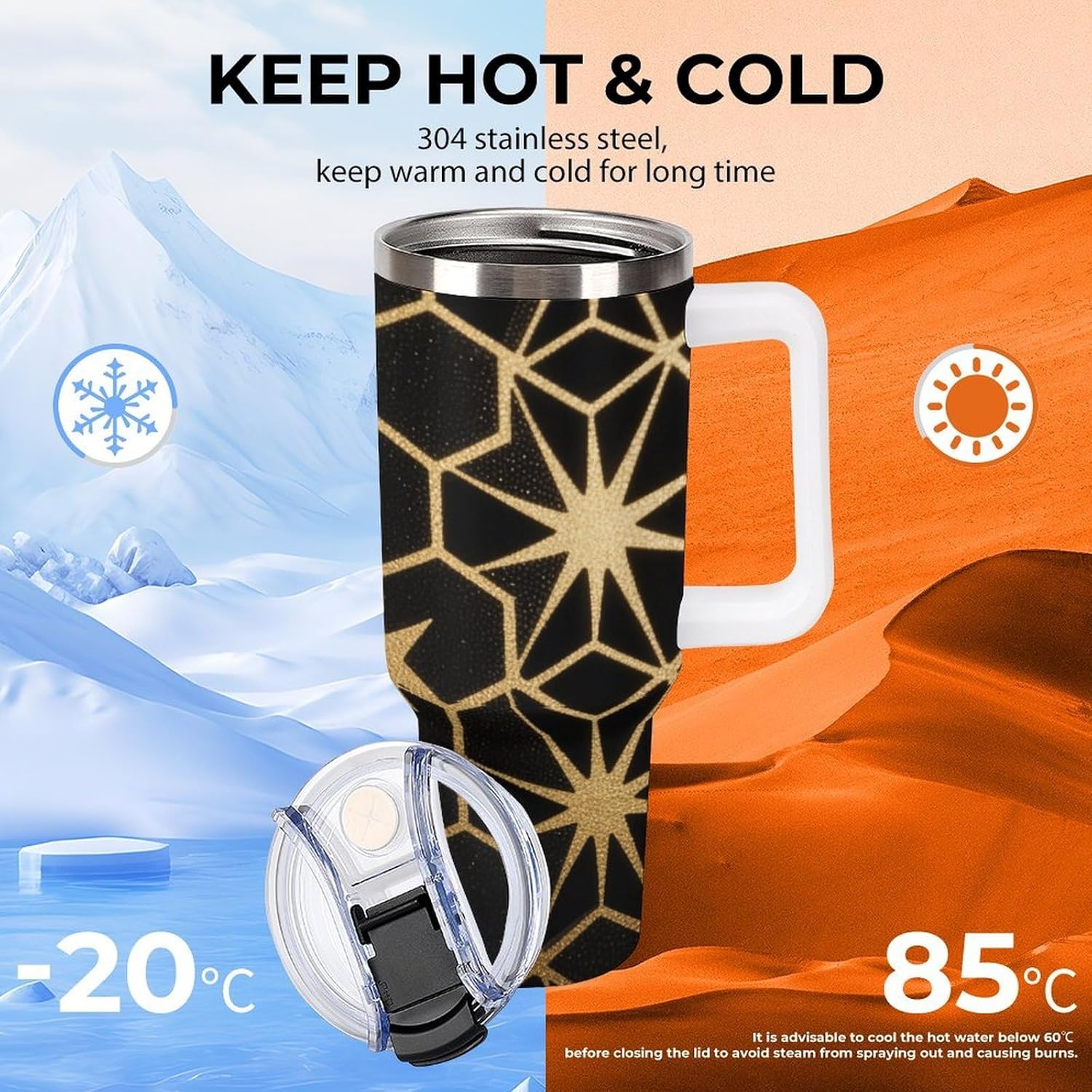 40 Oz Insulated Mug with Handle Lid And Straw Light And Shadow Hexagons Pattern Large Metal Sports Bottle Great for Gifts Parties Office Coffee