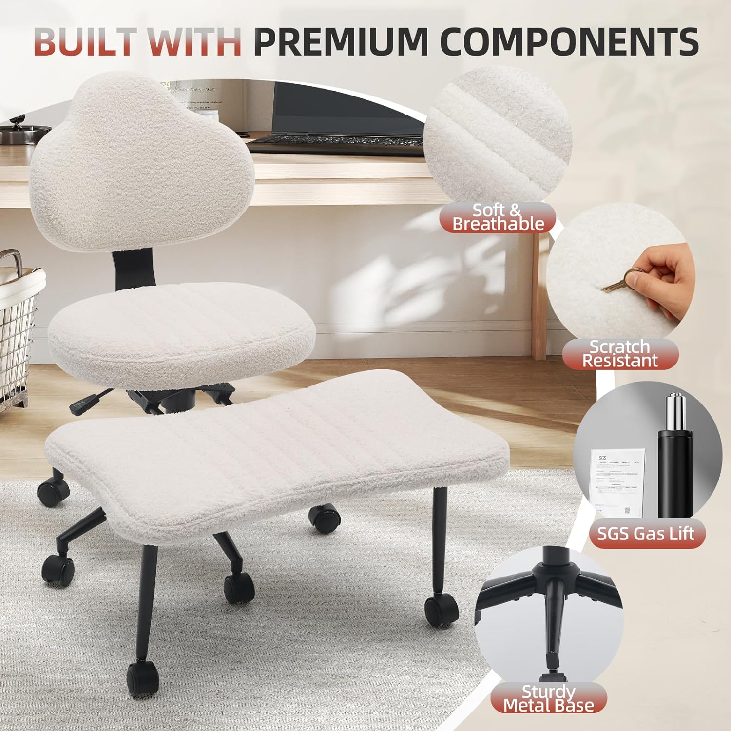Ergonomic Cross Legged Chair, 360° Swivel Meditation Chair with Wheels, Height Adjustable Seat for Meditation, ADHD & Yoga, Teddy Fabric Yoga Stool for Home Office, White