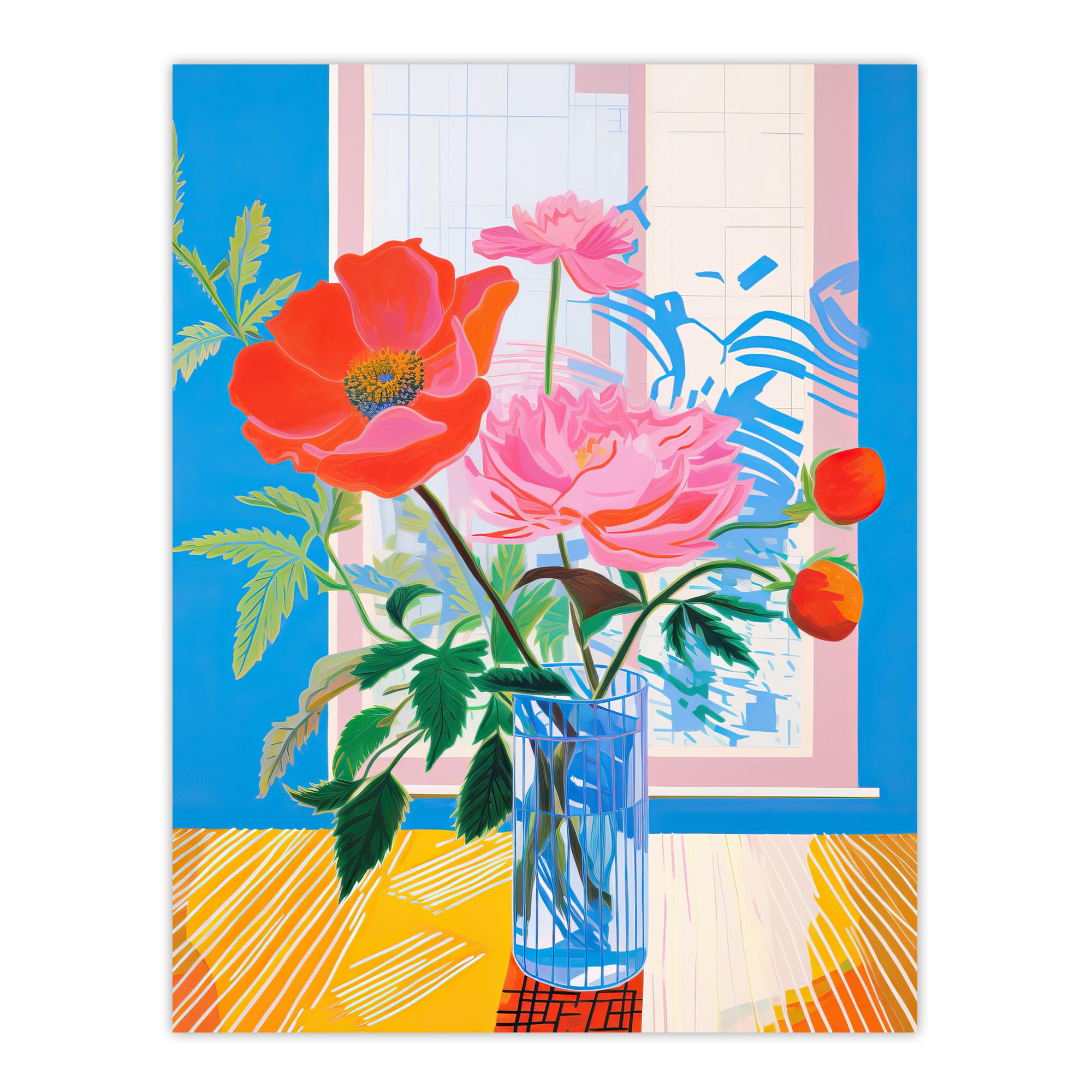 Wee Blue Coo Formidable Florals Acrylic Painting Wildflowers in Glass Vase Vibrant Blue Orange Pink Extra Large XL Wall Art Poster Print