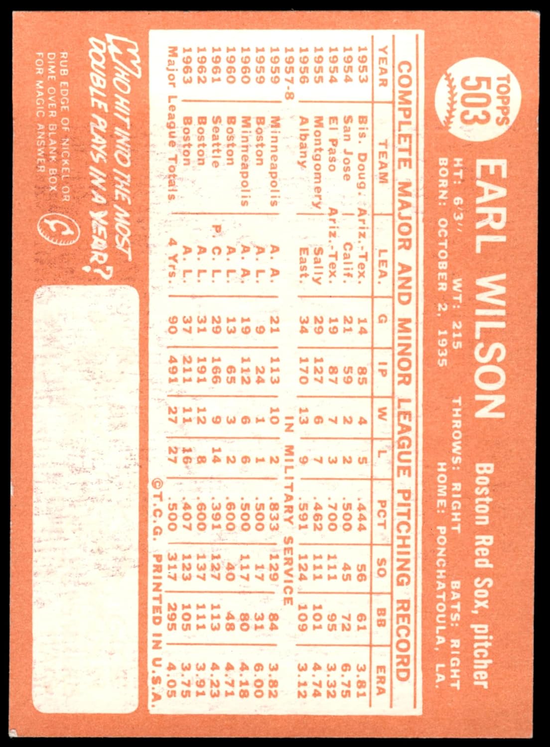 1964 Topps #503 Earl Wilson Boston Red Sox (Baseball Card) NM Red Sox
