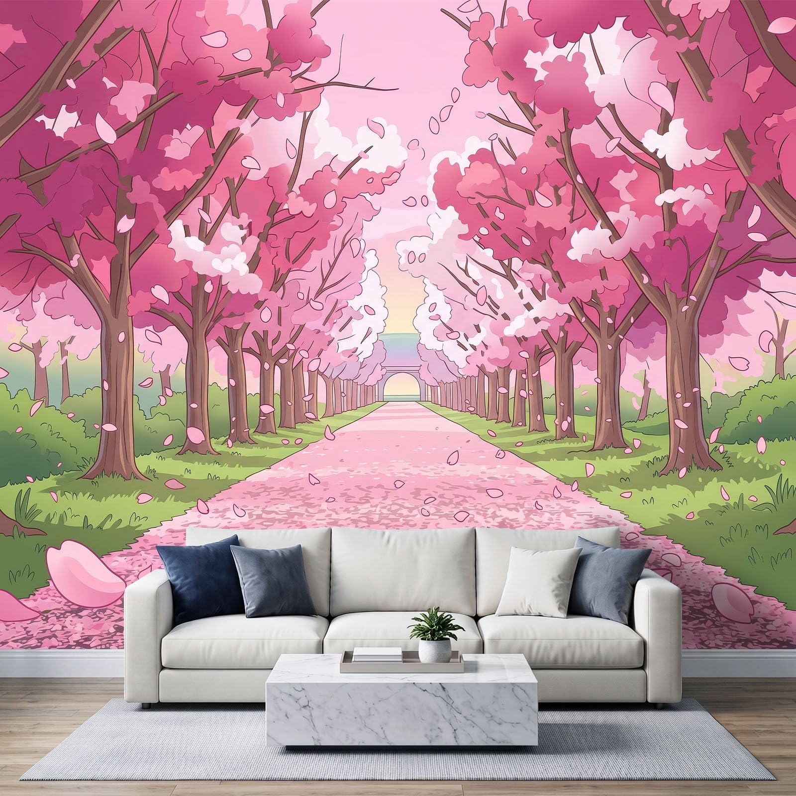 Panoramiczna tapeta z włókniny 300 x 210 cm animowany krajobraz, pokój dziewczęcy różowa aleja kwiaty wiśni fototapeta, do salonu dekoracja ścienna do pokoju dziecięcego