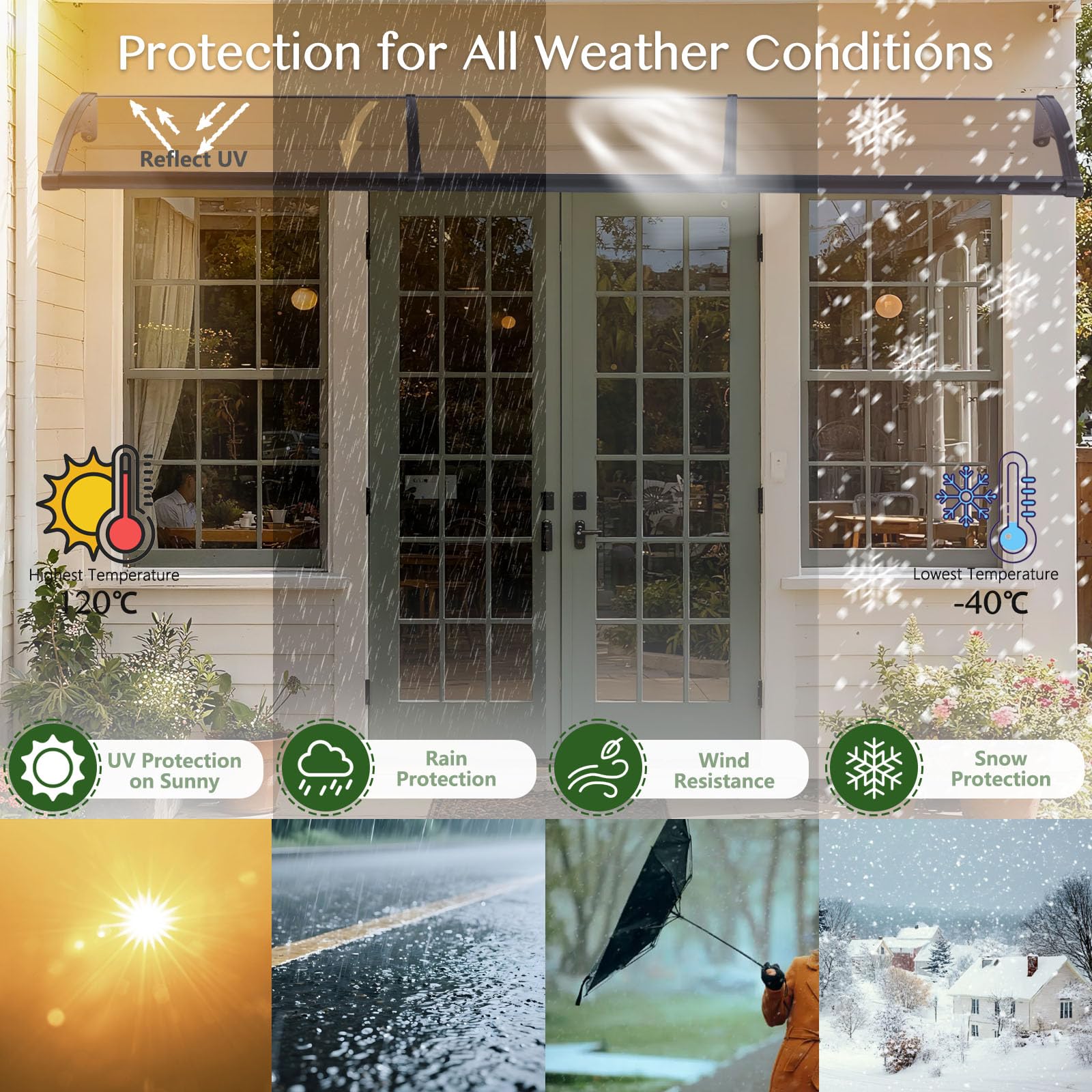 Tettoia per Porta Esterno con Lavandino, 100x250cm Pensilina Tettoia Raggi UV Antipioggia Antineve con Staffe in Acciaio Plastico Pannello Policarbonato Protezion Copertura per Balcone Patio