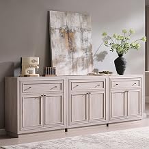 ACCOHOHO Modern Farmhouse Buffet Cabinet, 94.5" Sideboard Credenza, Modular Storage Cabinet with Framed Panel Fronts, 6 Doors, 3 Drawers, Adjustable Shelves & Dual Base Design, White Alder