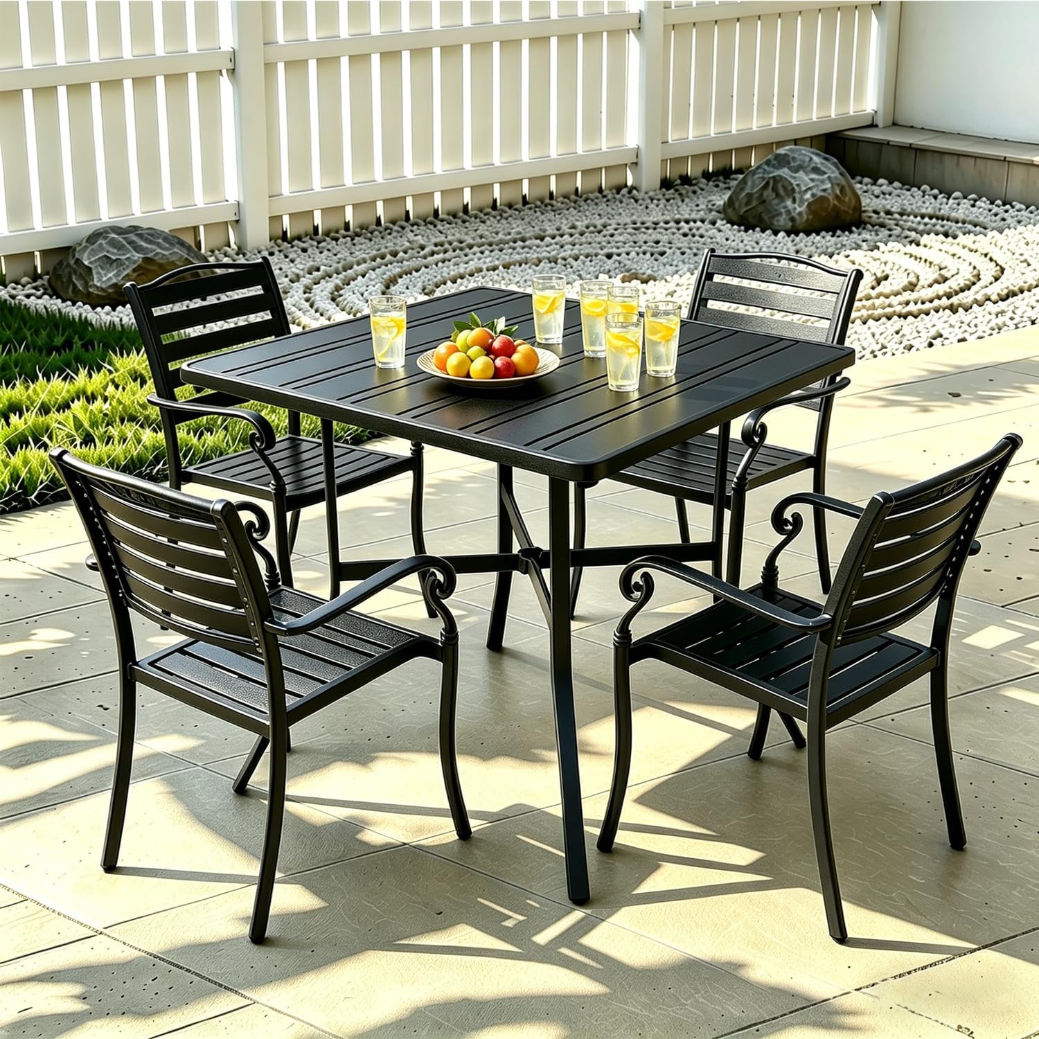 4-Seat Small Metal Square Outdoor Table with Umbrella Hole, Weather-Resistant Black Patio Dining Table for Backyard, Compact Sturdy Table with Slatted Top for Porch & Poolside