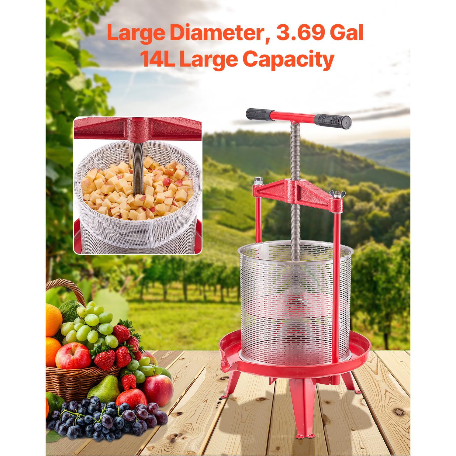 Happybuy 3.69 Gal/14L Fruit Wine Press, Stainless Steel Basket with Cross-Beam & Triangular Frame, Manual Juice Maker for Apples, Grapes, and More, Perfect for Home Kitchen Use
