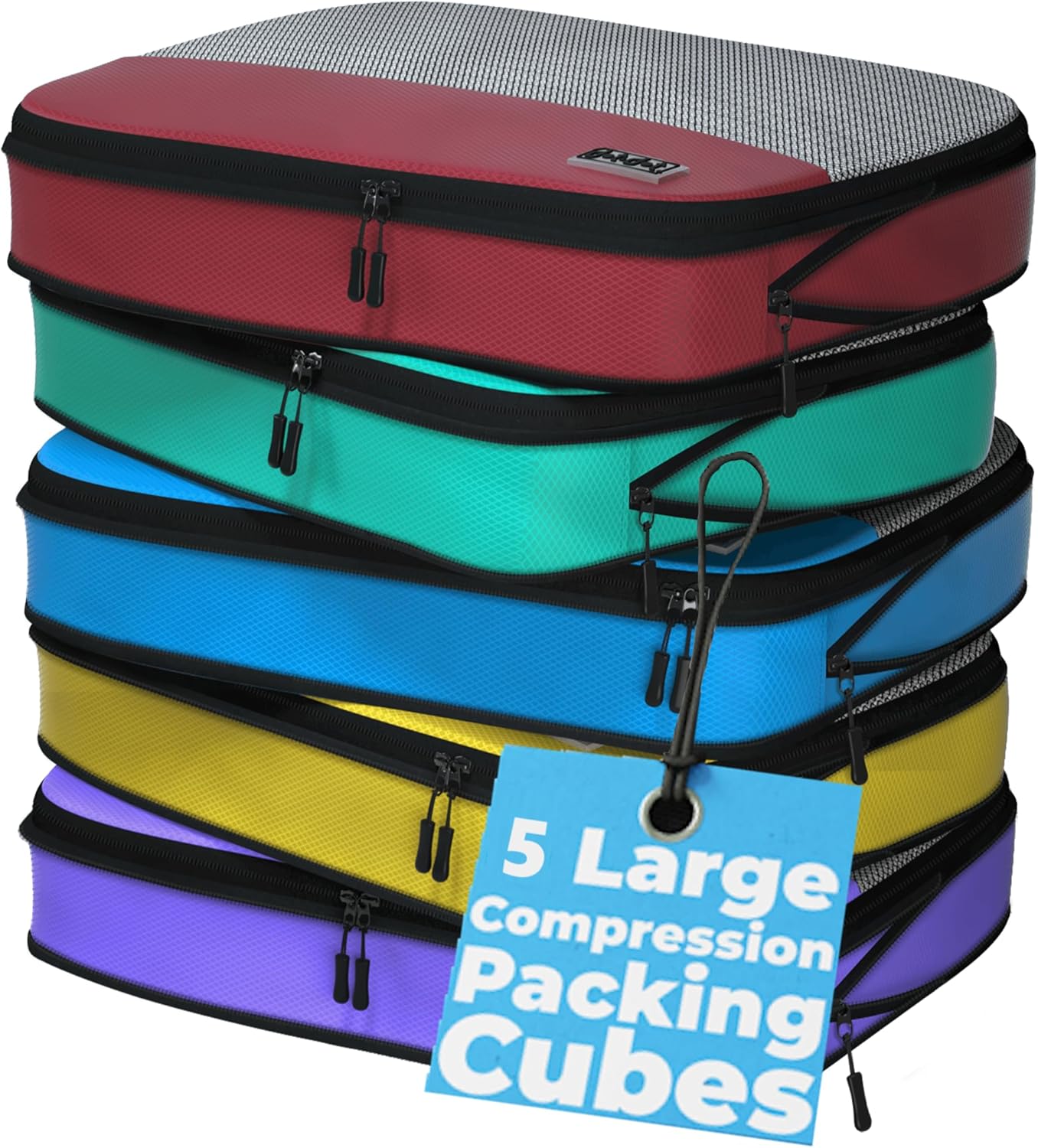 Large Compression Packing Cubes for Travel - 5 Pcs set of Packing Cubes Compression, Carry on Suitcase Organizer Bags - Travel Cubes Organizer Bags for Luggage Large Compression 5pc - Red/Yellow/Green/Blue/Purple