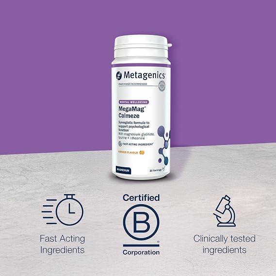 Metagenics MegaMag Calmeze Magnesium Powder - High Potency Magnesium Glycinate for the Reduction of Fatigue & Tiredness - Orange, 30 Servings