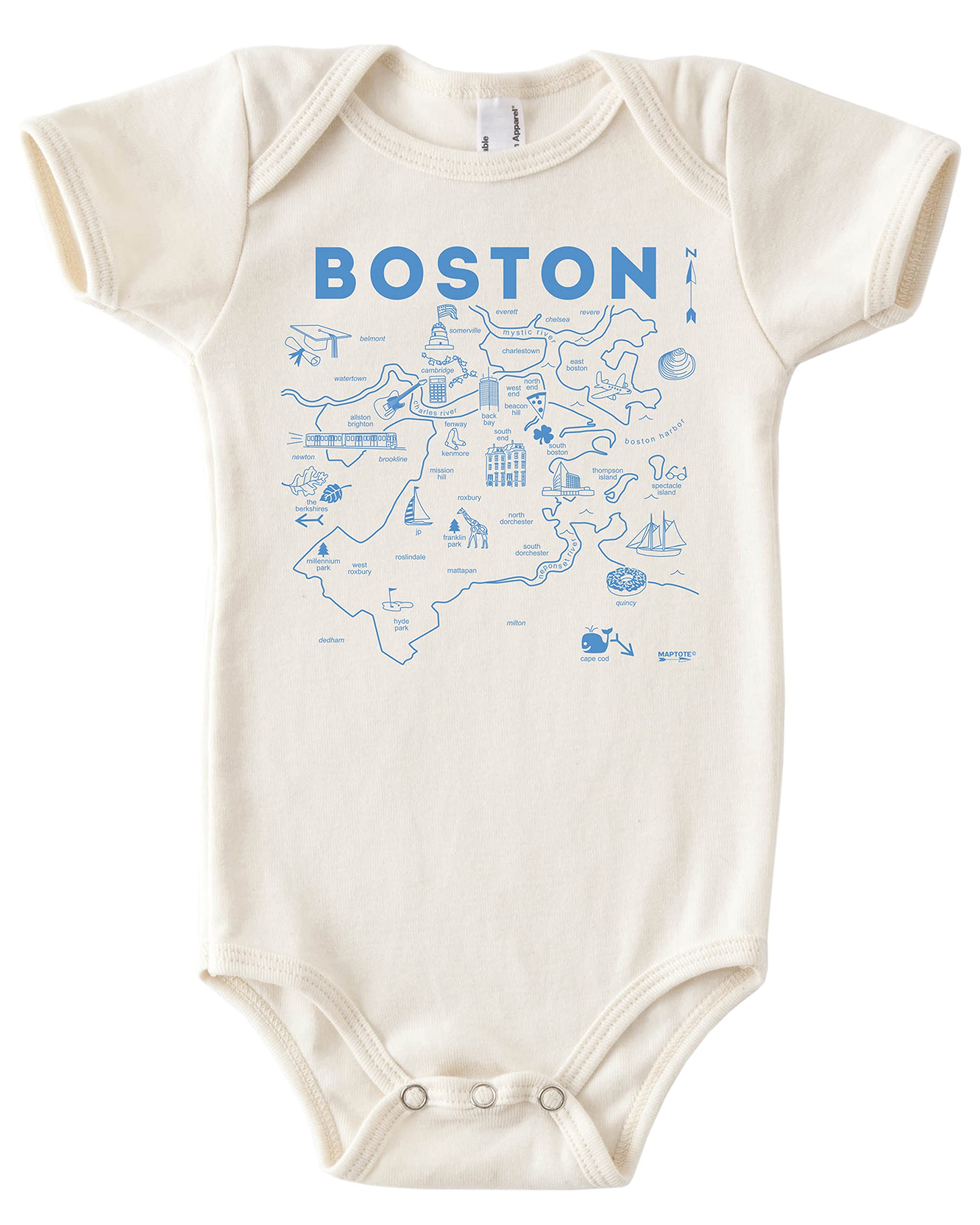 MAPTOTE Map One Piece - Unisex Baby Organic Cotton Short Sleeve Bodysuits - Boston, 3-6 Months