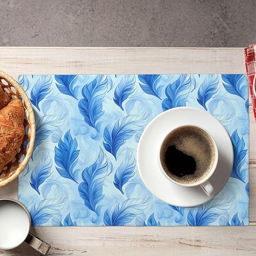 Miniatura 5 de Dining Table Placemats Set of 4-12x18 Inch Blue Feather 1 Print Faux Linen Double Heat Resistant Place Mats, Kitchen Table Mats, Wipeable Washable