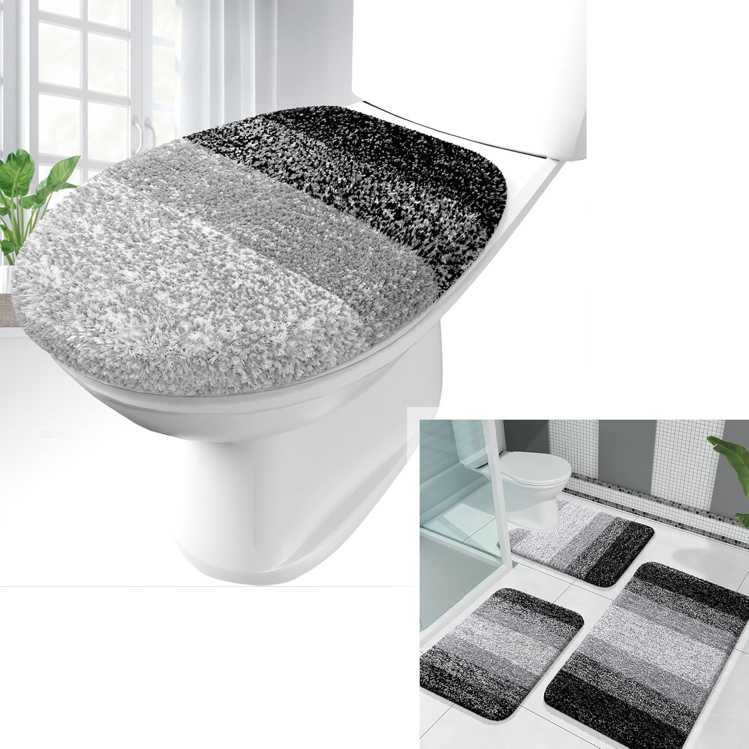 OLANLY Ombre Bathroom Rugs Sets 3 Piece and Toilet Lid Cover, Bathroom Rug Set Size 30x20+24x16+24x20 and Toilet Lid Cover Size 17.5x15 in Black, 4 Item Bundle