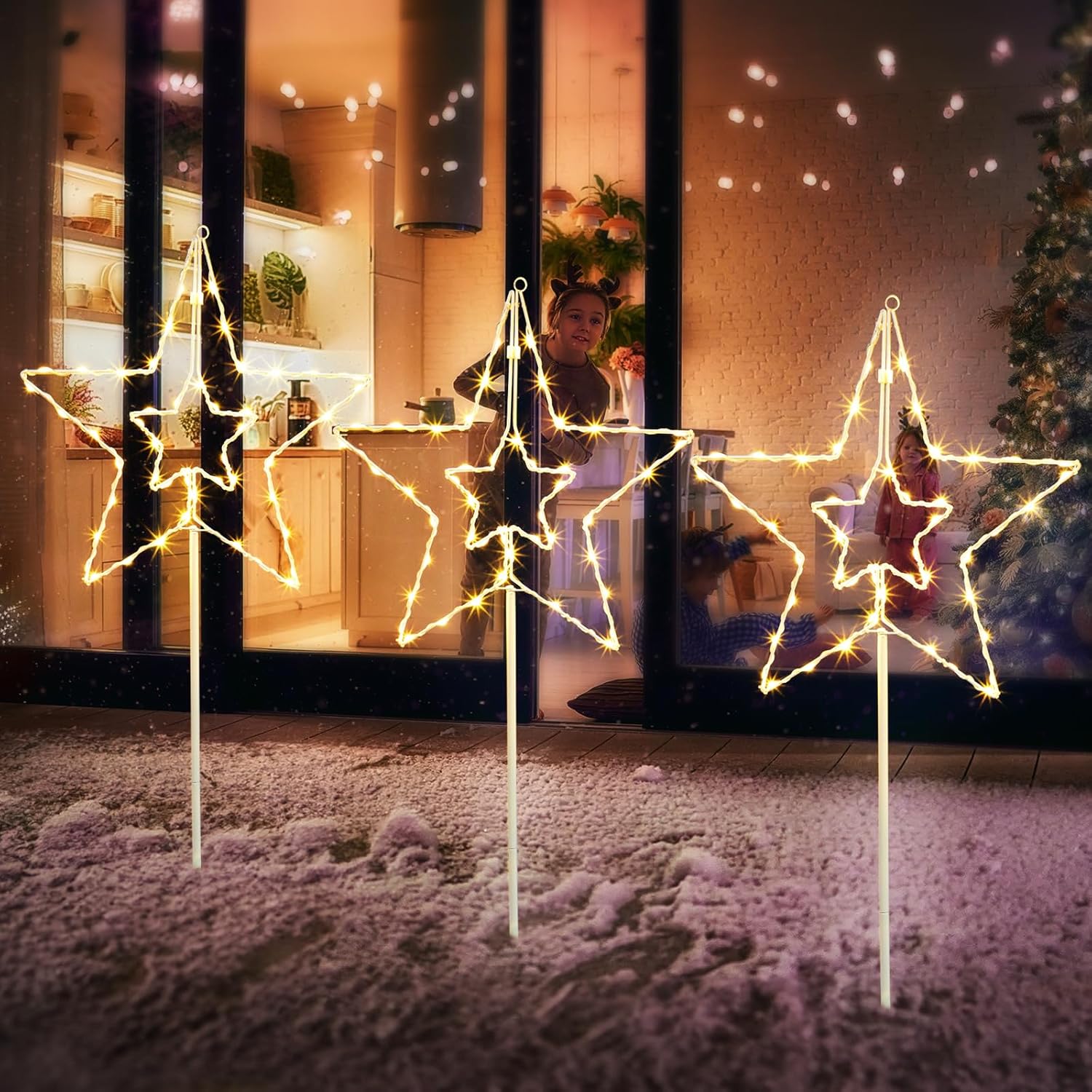 LIANTRAL Pathway Lights 3 Pack Christmas Pathway Star Lights Christmas Decorations 8 Modes Waterproof Solar Energy Led Garden Stake Lights for Outdoor Walkway Yard Lawn Porch Party (Warm White)