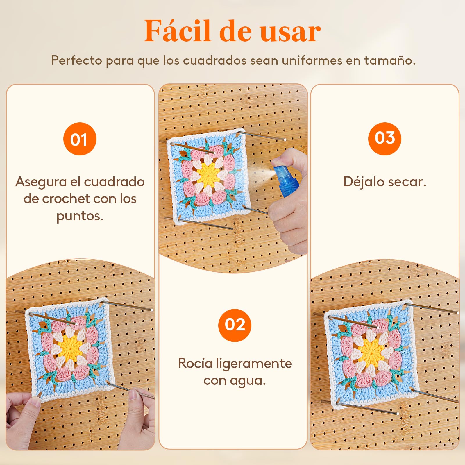 Lifewit 36,6 cm Bloqueador de Granny Square con 36 Pines, Tabla Bloqueo de Bambú para Crochet Blocking, Almohadilla de Bloqueo para Tejer, Accesorios Kit Regalos para Máquina Ganchillo Ganchillo