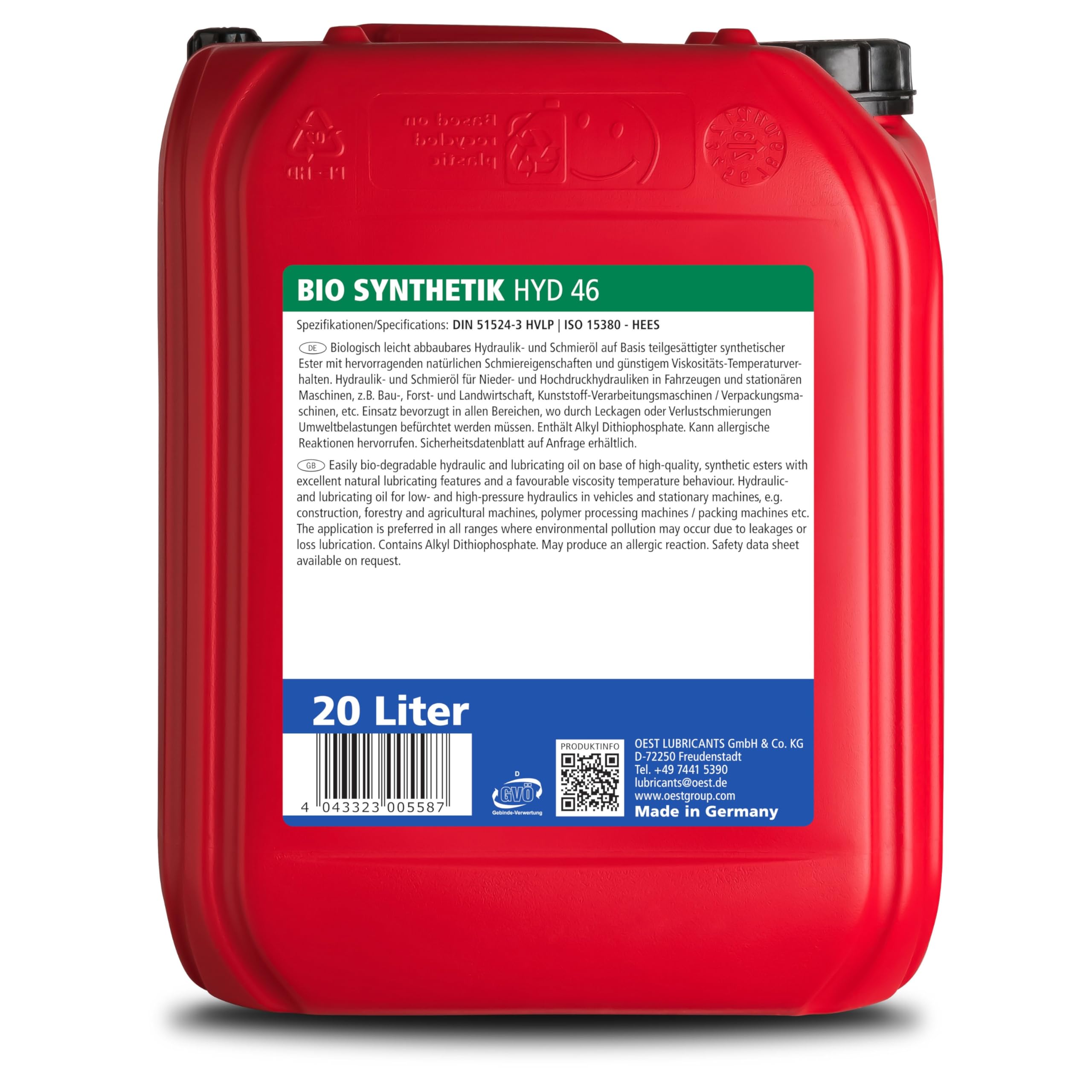 OEST Bio Synthetik HYD 46 – Biologisch abbaubares Hydrauliköl HEES | Schmieröl auf Ester-Basis für Bau-, Forst-, Landmaschinen & Industrie | umweltschonend, verschleißfest & temperaturstabil