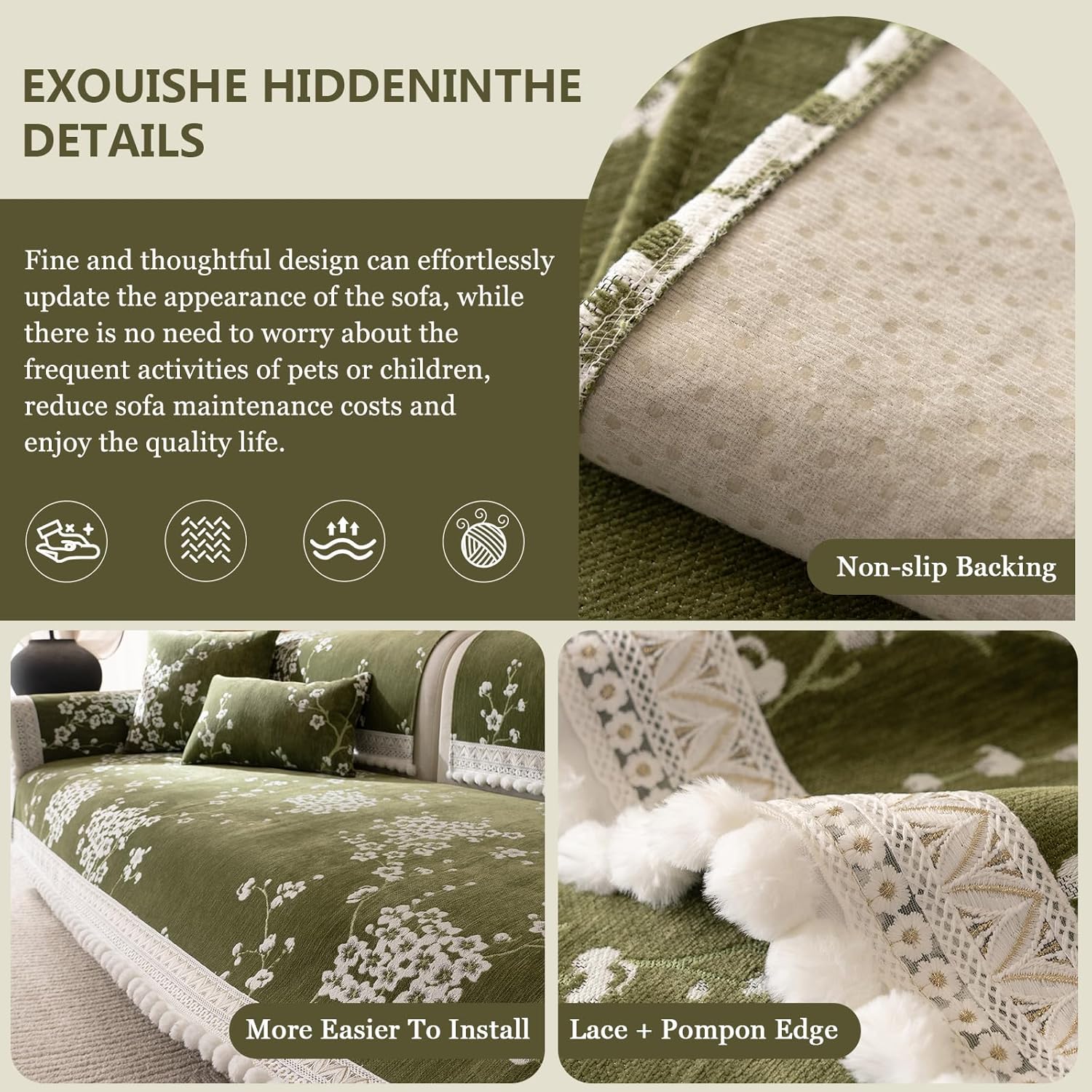 DREAMINGO Green Floral Couch Cover Vintage Jacquard Pet Sofa Cover Non Slip Chenille Couch Protector Living Room Washable Sectional Furniture Slipcovers for 3 Seat Sofa, 35.4"x94.5"