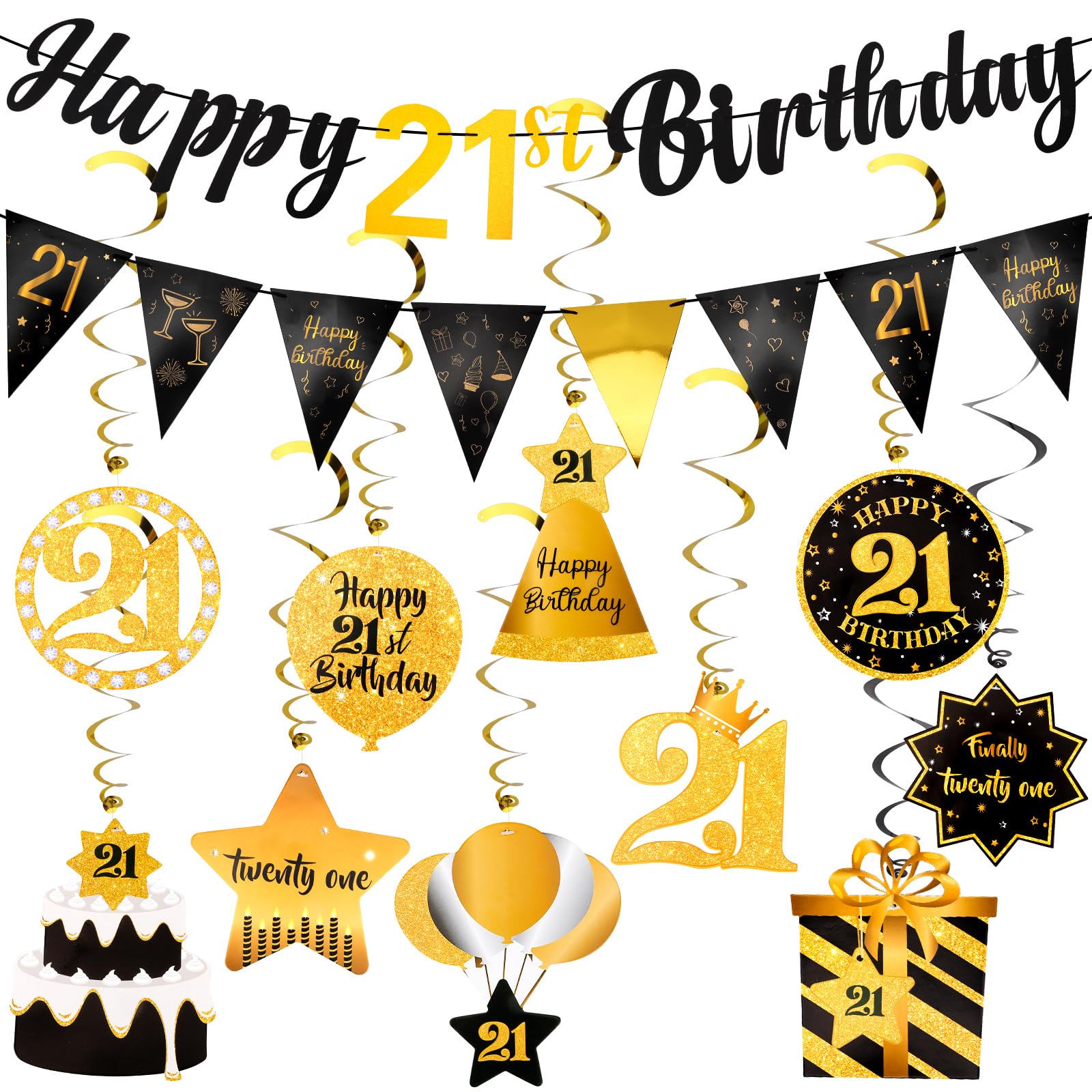 Hapdoo 21st Birthday Decorations Men Set - Happy 21 Birthday Banner Triangle Flag Hanging Swirls Streamers for Women Men Party Decorations Supplies,