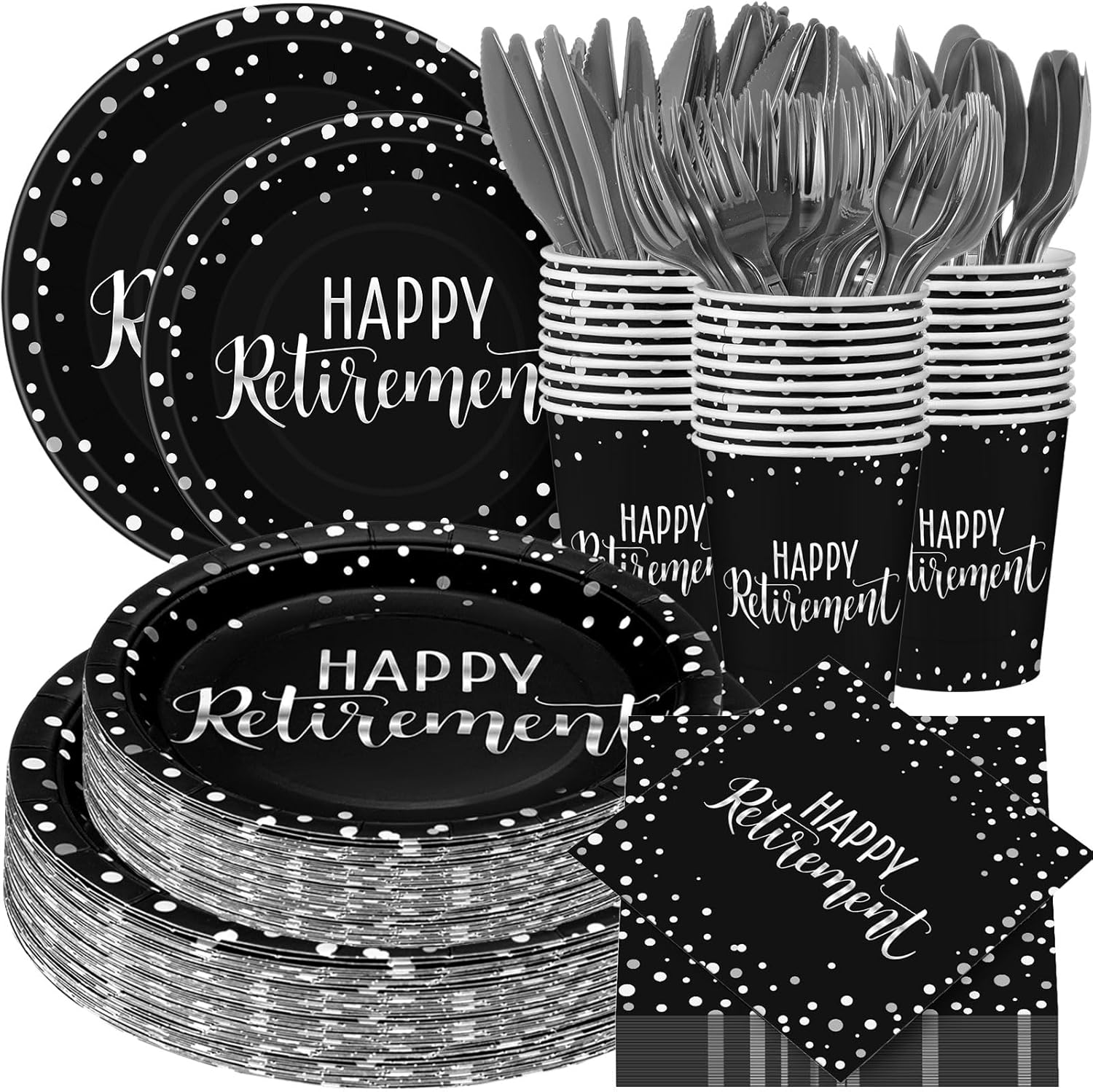 Pickmesh 384 Pcs Retirement Party Decorations Happy Retirement Paper Plates and Napkins Set with Cups and Knife Fork Spoon, Farewell Party Disposable Tableware for Guest (Black Silver)
