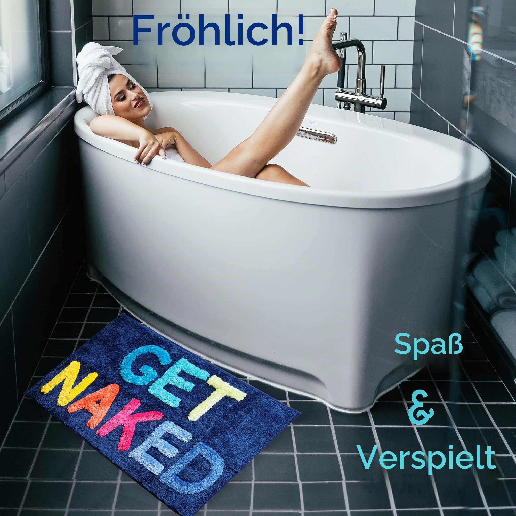 Evovee Get Naked Badematte, , niedlich, Badezimmerteppiche, blau, Regenbogen, mehrfarbig, bunt, für Dusche, Badezimmerdekoration, niedliche, rutschfest, waschbar (Regenbogenblau)