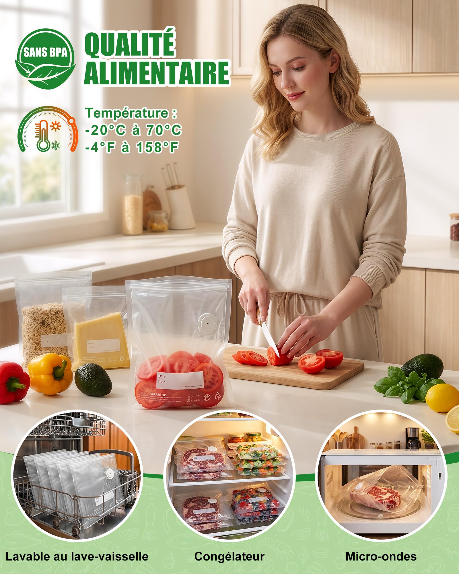 Babacom 30 Pcs Sac Sous Vide Alimentaire Réutilisable avec Valve d’Air & 10 Pinces – Moyen (26 x 28 cm), Sachet Congelation Sans BPA, pour Conservation des Aliments, Micro-ondes, Cuisson Sous Vide | Pour Machine à Tuyau, Pour Portatives, Triple Anti-Fuite, Lave-Vaisselle, Anti-Perforation, Double Zip - 3