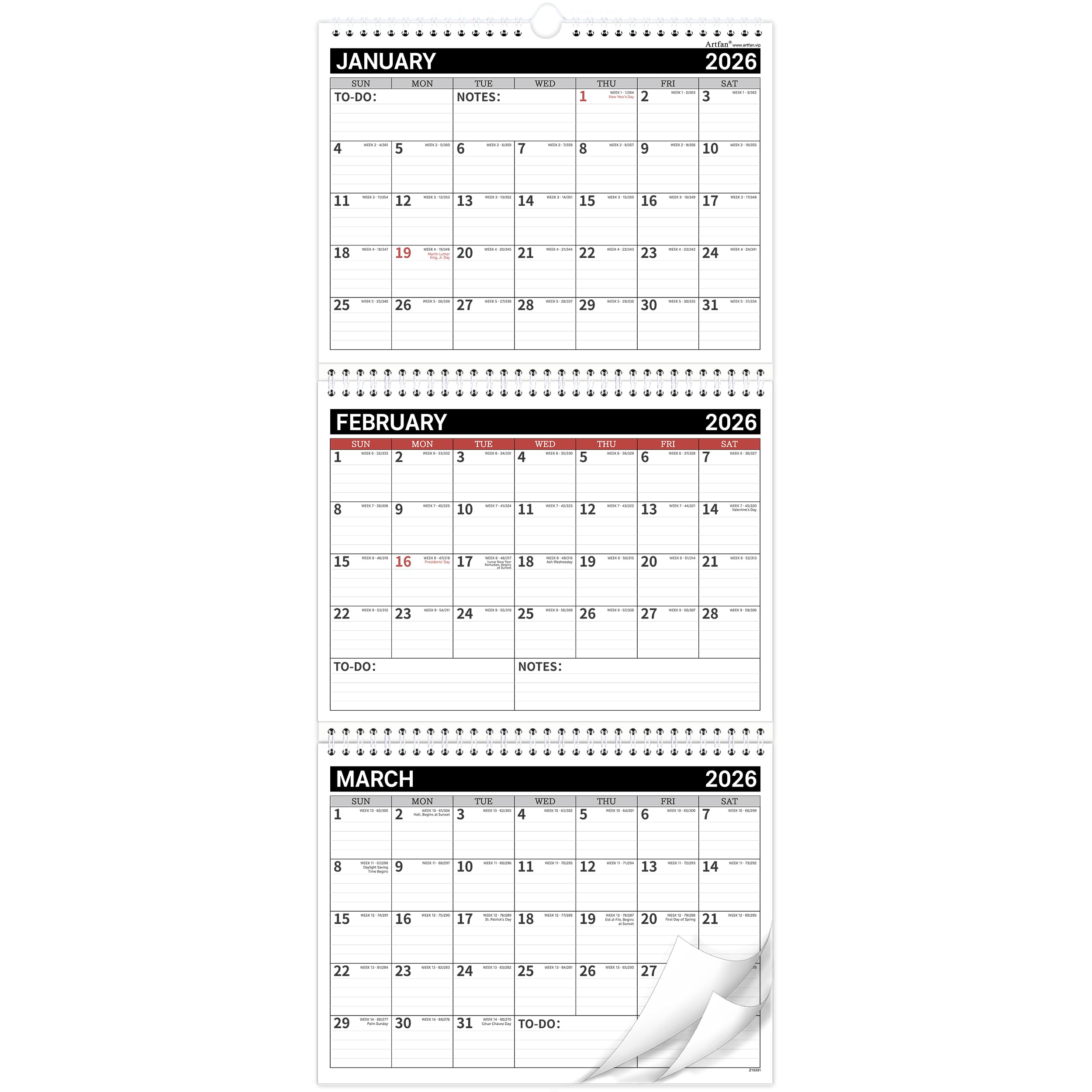 Calendar 2026-2027 - 3 Month Wall Calendar Vertical Display (Folded in a Month), JAN 2026 - DEC 2027, 11" x 25.3"(Open), 2 Year Calendar, 2026