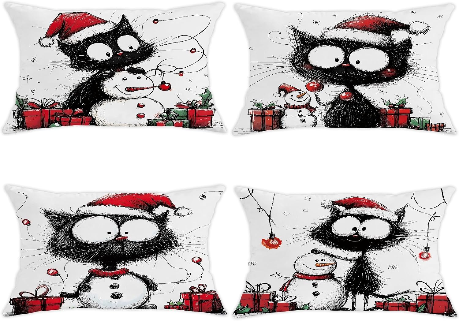Christmas Cat Throw Pillow Covers Set of 4, Black Feline Santa Claus Decorative Cushion Cases for Holiday Home Sofa Bed Couch Decor 24x24 Inch