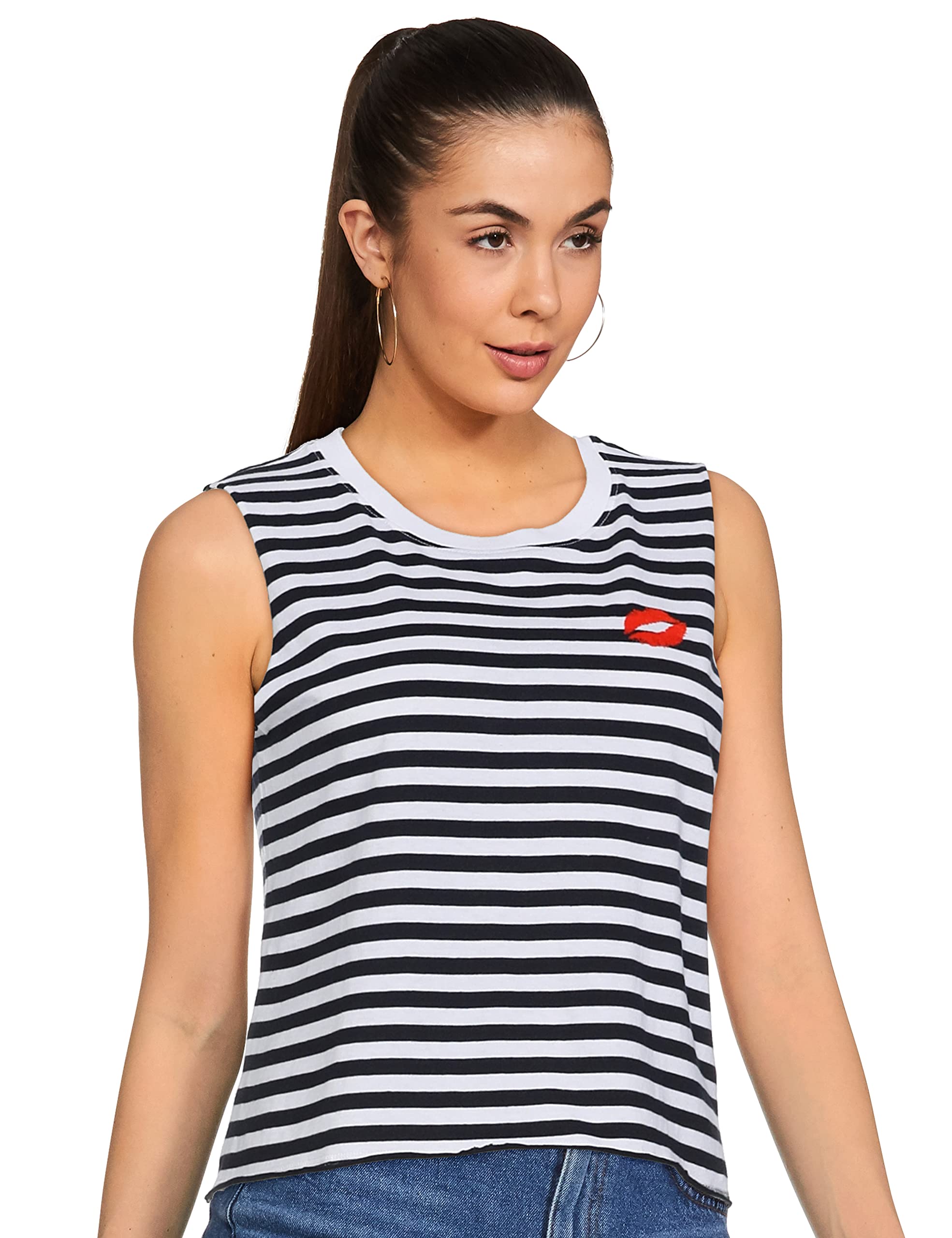 cotton on Women's Regular fit Vest Top (2003772-46_KissesWhite/moonlightStripe_L-picture-45