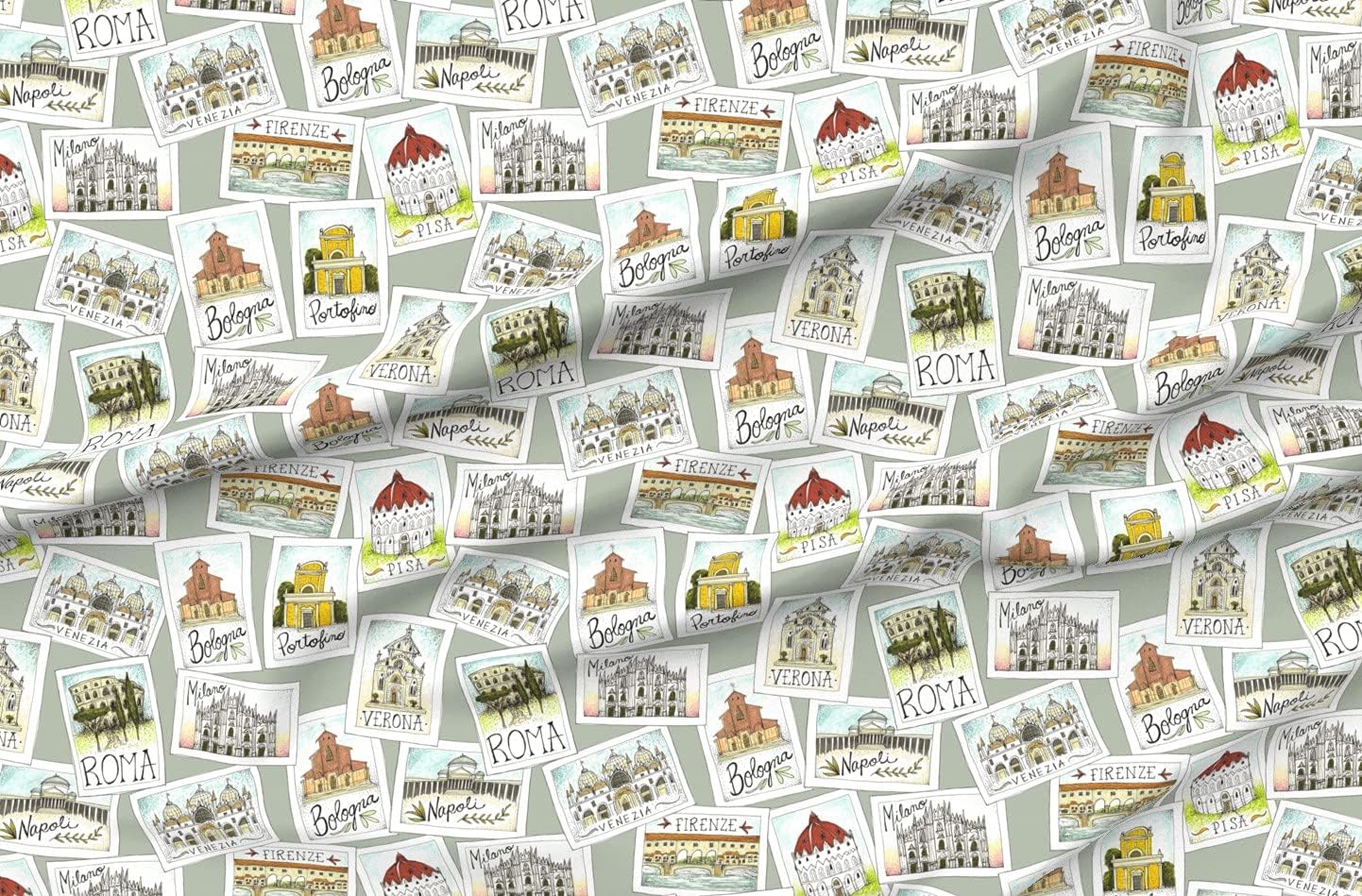 Spoonflower Fabric - Postcard Vintage Italy Lettering Travel Retro Trip Printed on Organic Cotton Sateen Fabric by The Yard - Sewing Quilting Apparel Home Decor