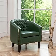 KINWELL 29" W Modern Faux Vegan Leather Barrel Chair, PU Upholstered Tufted Accent Club Chairs with Nailhead Trim, Small Armchair for Living Room Bedroom Apartment Lounge Nursery, Green