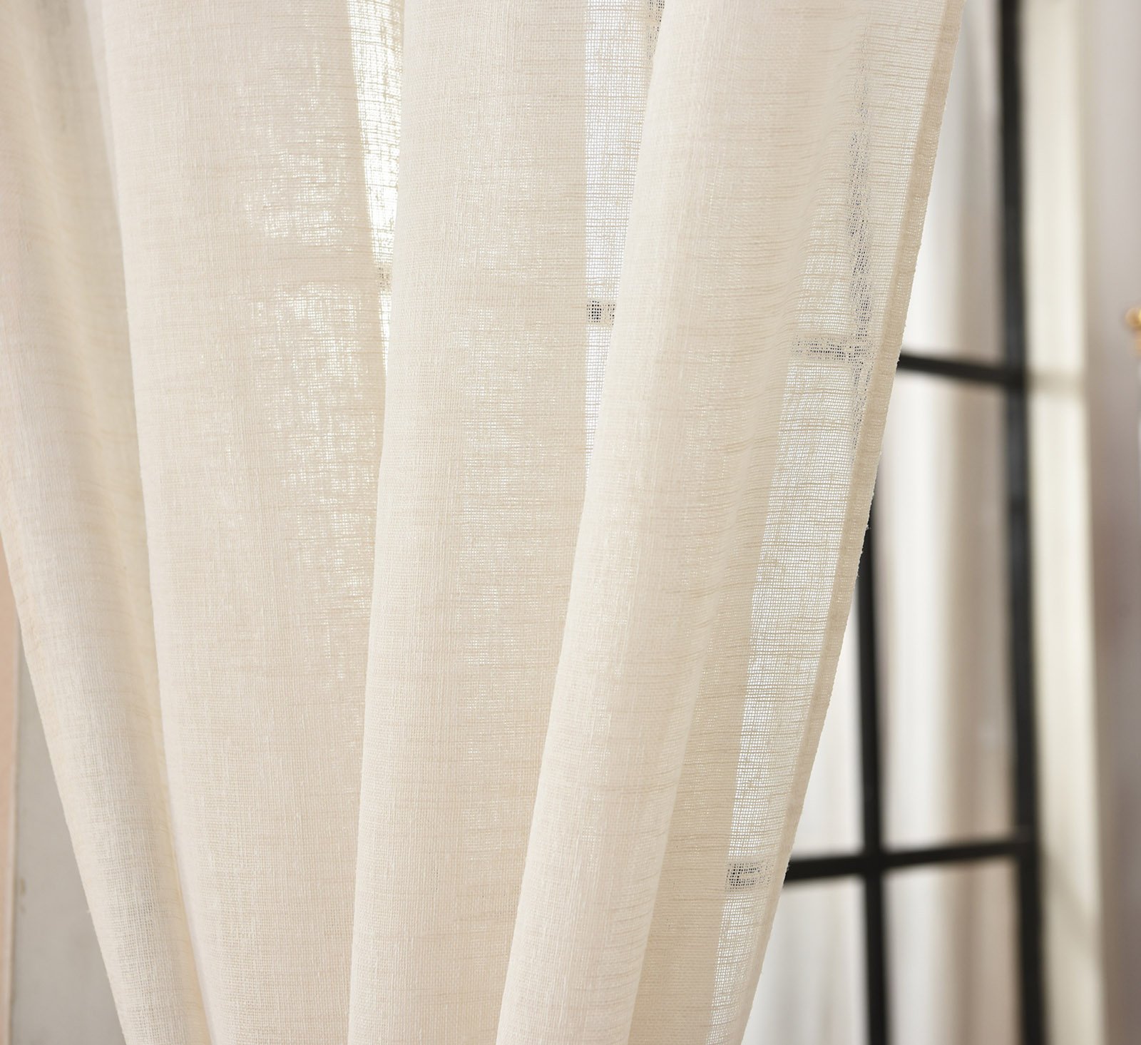 WOLTU Gardinen mit Schlaufen Leinenoptik halbtransparent 140x245cm Creme | 2er Set Schlaufenschal und Leinenoptik Vorhänge für Wohnzimmer Schlafzimmer, moderne Stores mit weichem Licht, Länge 245 cm