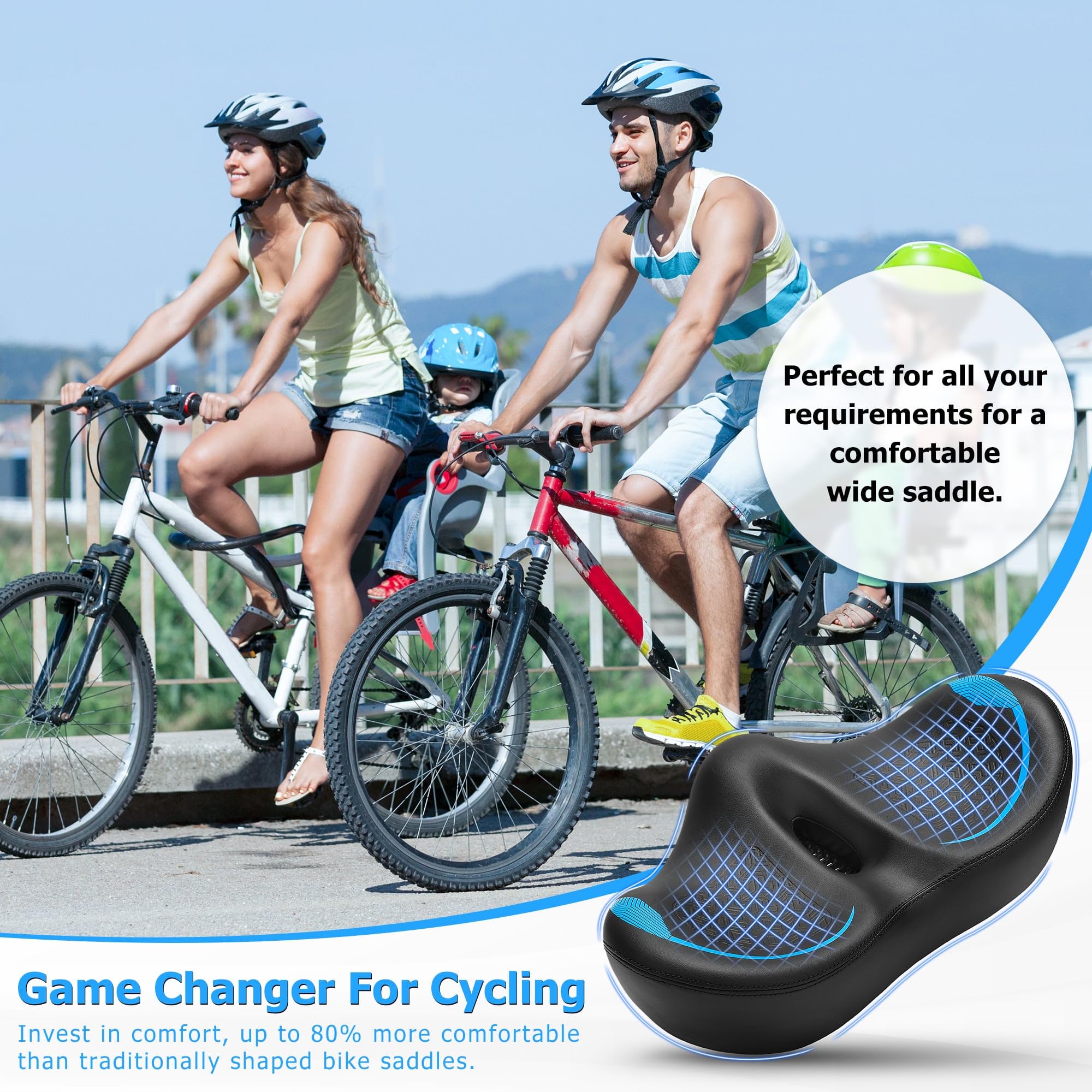 Noseless Siège de vélo surdimensionné, coussin de siège de vélo extra large pour homme et femme, grande selle de vélo pour vélo Peloton, vélo stationnaire, vélo d'appartement, vélo de ville, vélo